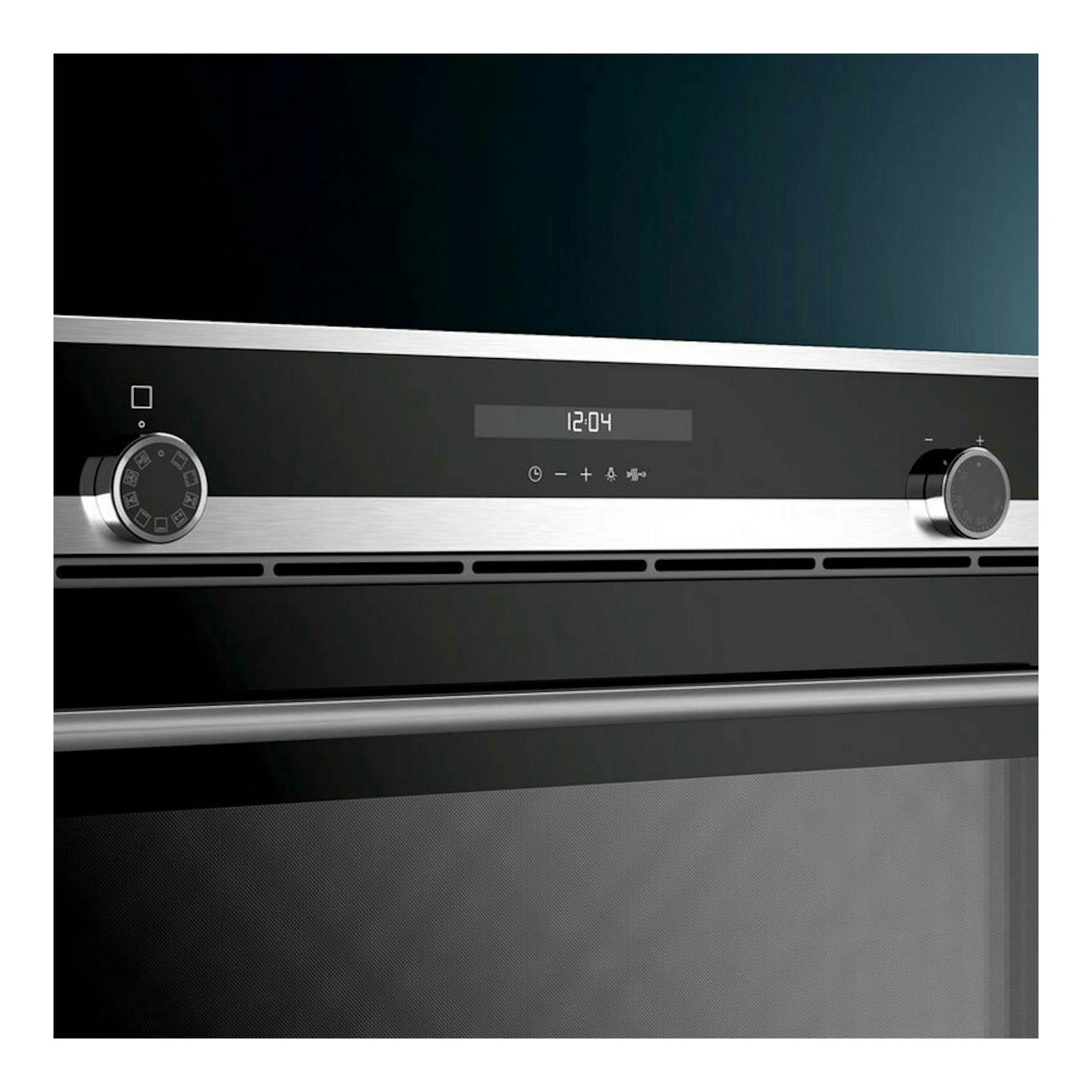 Horno Siemens VB578D0S0 de cristal negro, vista frontal con panel digital y mandos giratorios.