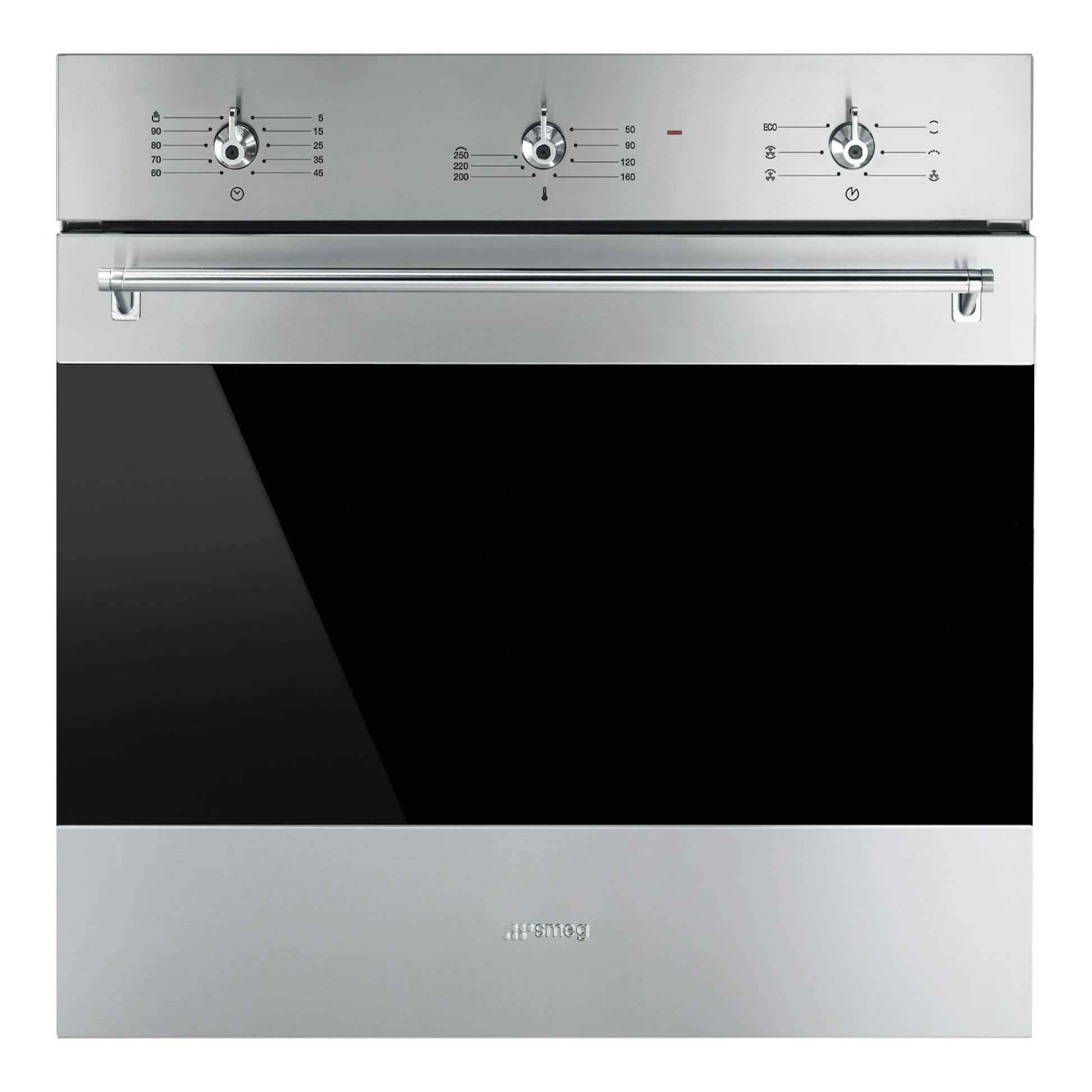 Horno Smeg SF6381X de acero inoxidable, vista frontal con puerta negra y mandos superiores.