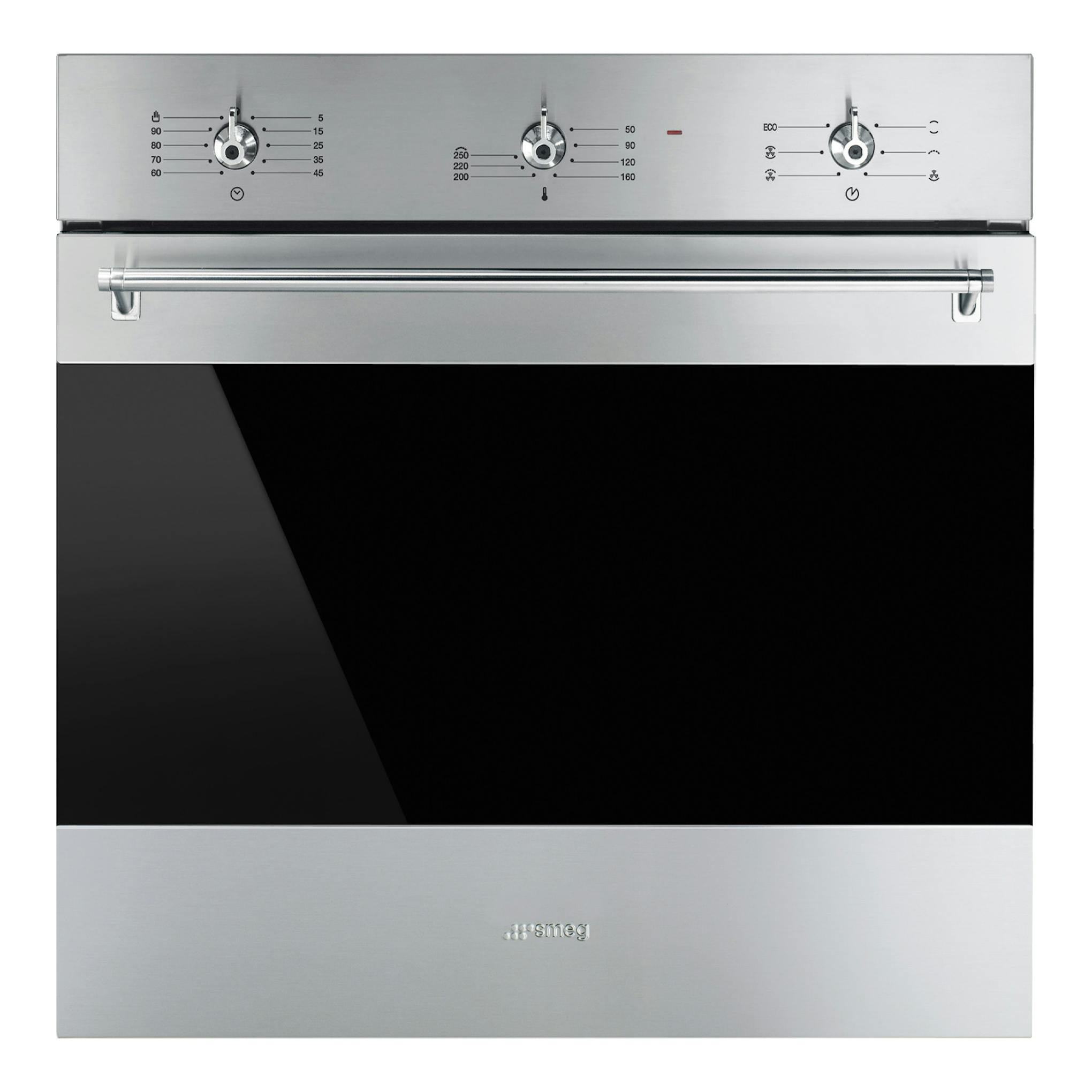Horno Smeg SF6381X de acero inoxidable, vista frontal con puerta negra y mandos superiores.