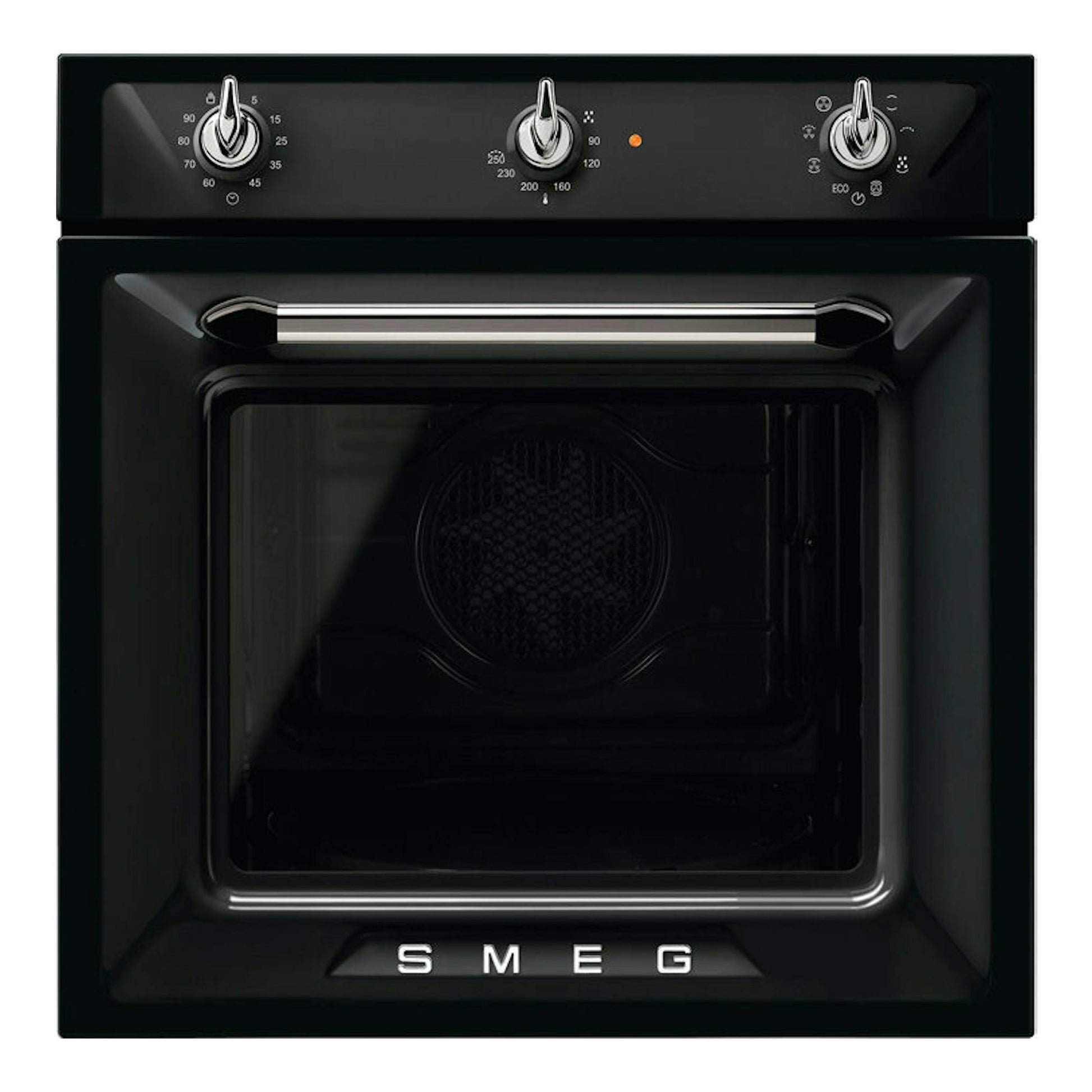 Horno Smeg SF6905N1 negro, vista frontal, con tres mandos giratorios y puerta de cristal.