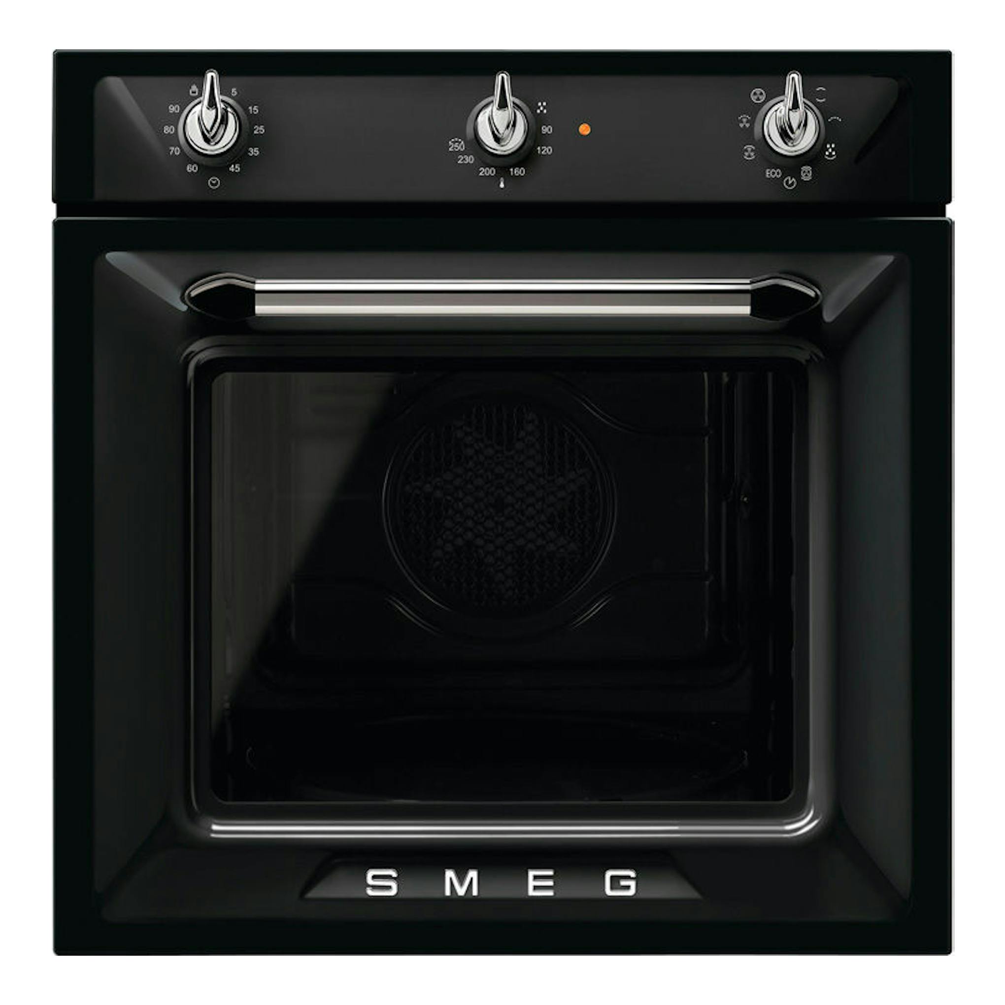 Horno Smeg SF6905N1 negro, vista frontal, con tres mandos giratorios y puerta de cristal.