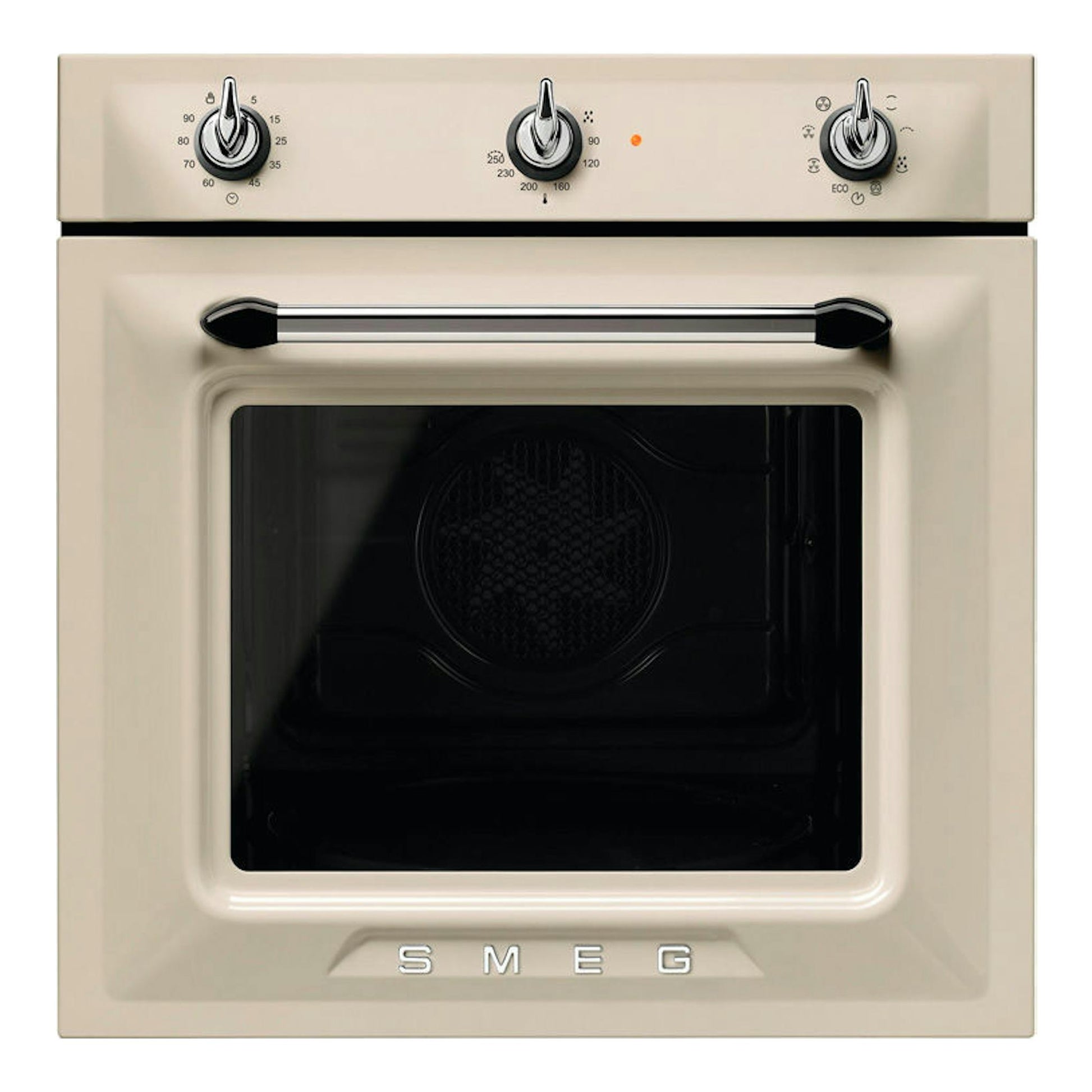 Horno Smeg SF6905P1 crema, vista frontal, con puerta negra y tres mandos superiores.