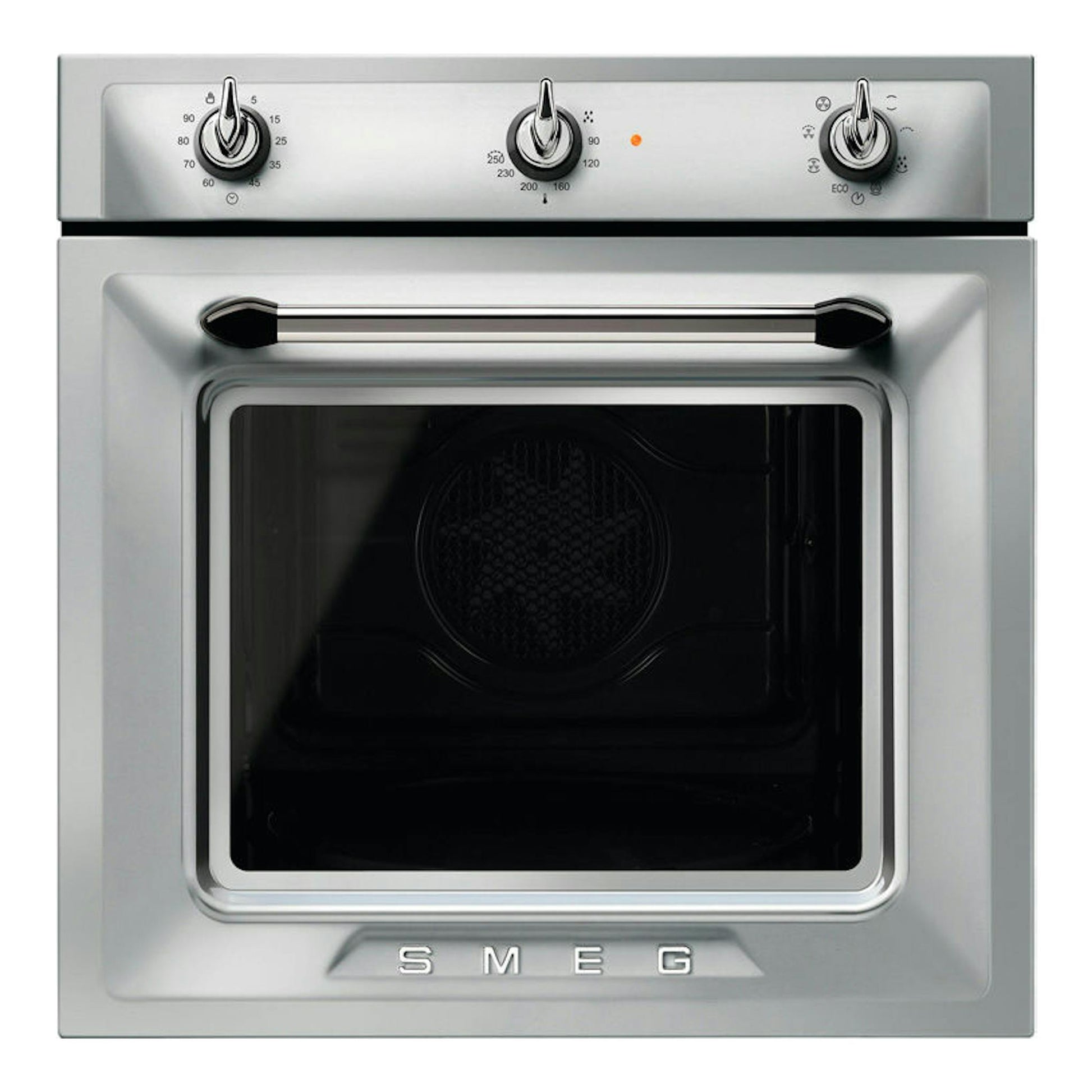Horno Smeg SF6905X1 inox, vista frontal, acero inoxidable, con tres mandos y puerta negra.