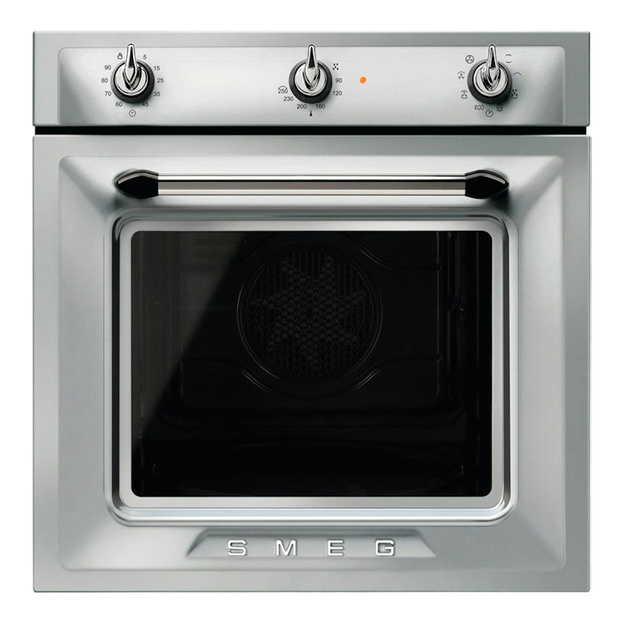 Horno Smeg SF6905X1 inox, vista frontal, acero inoxidable, con tres mandos y puerta negra.