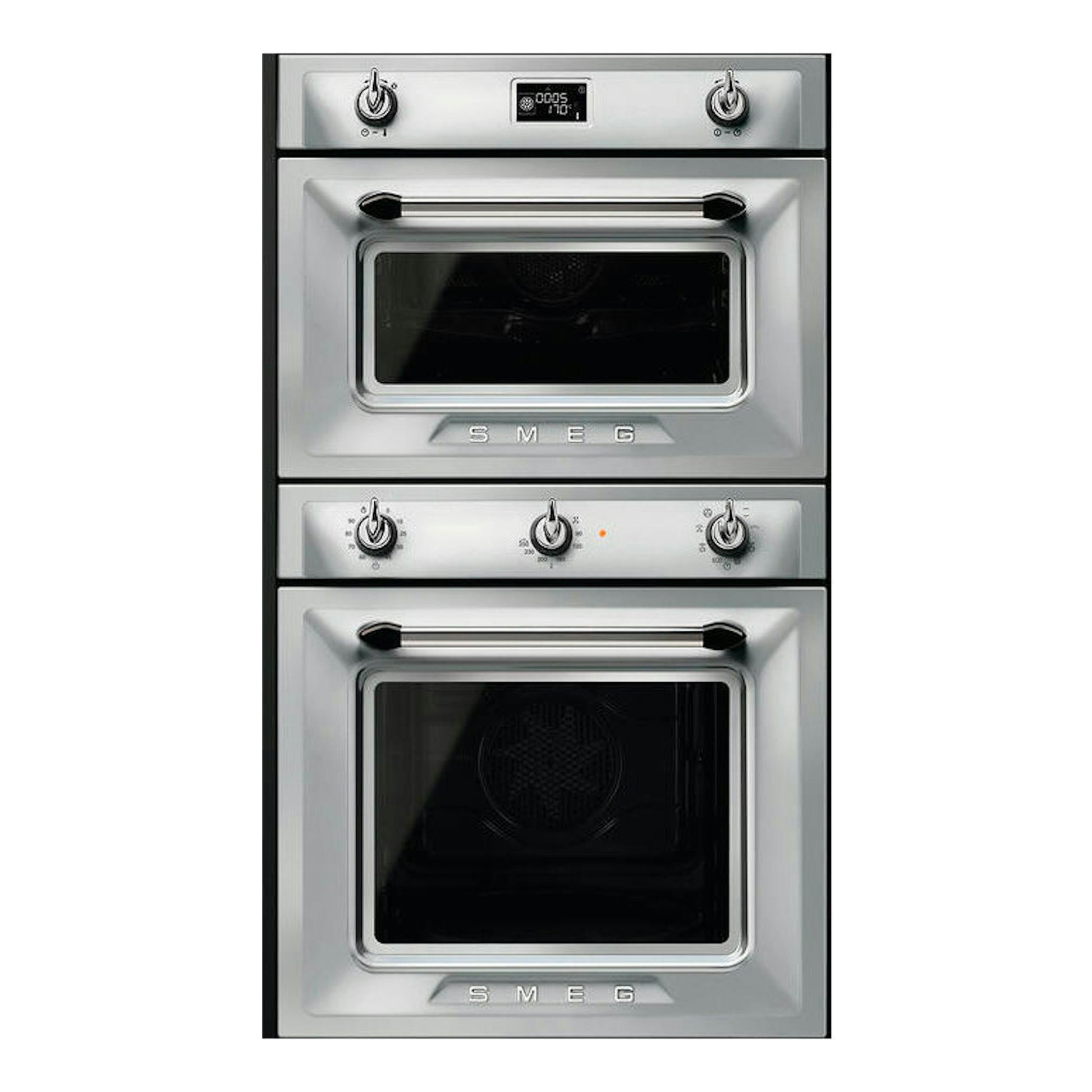 Horno Smeg SF6905X1 inox, vista frontal de doble horno empotrado con mandos plateados.