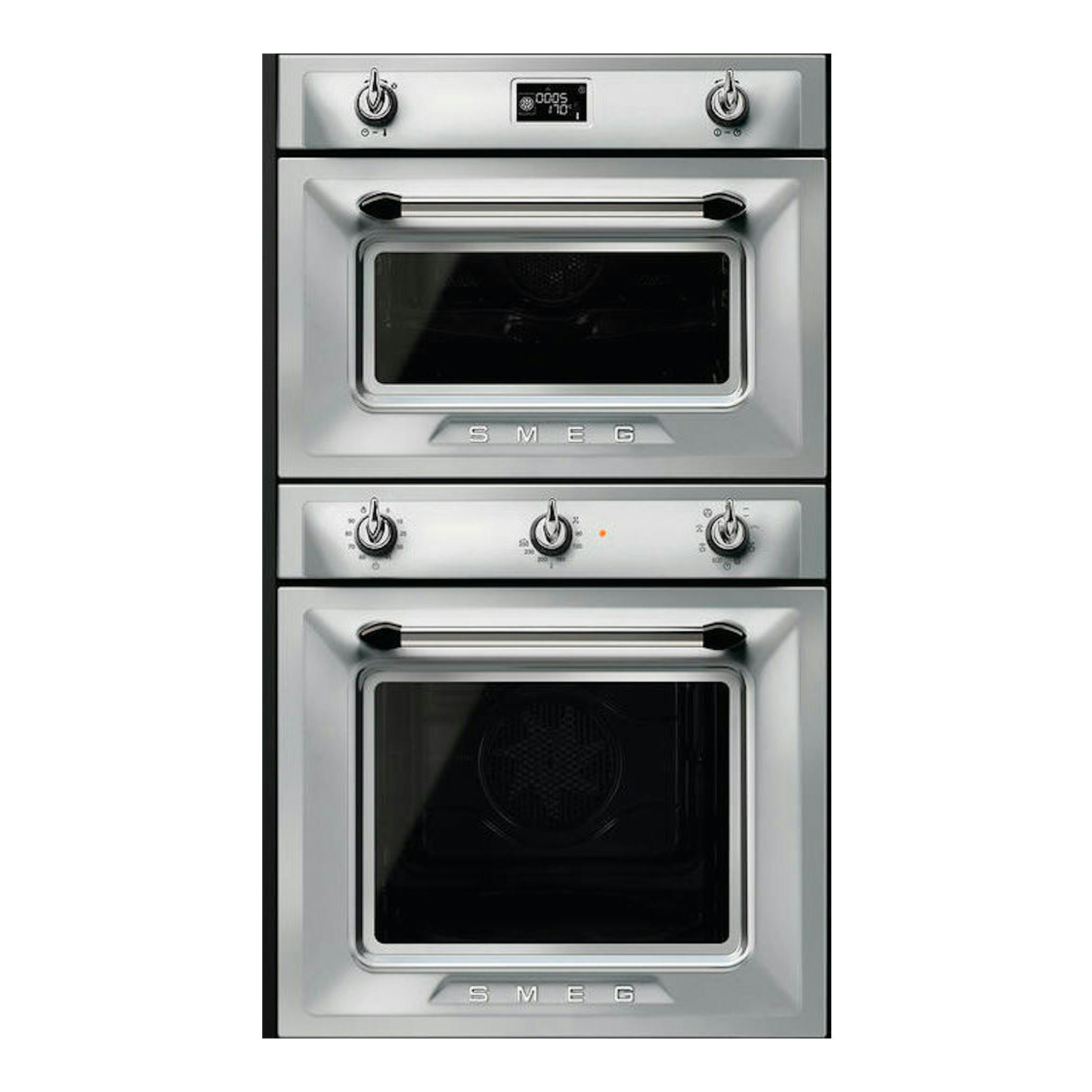 Horno Smeg SF6905X1 inox, vista frontal de doble horno empotrado con mandos plateados.