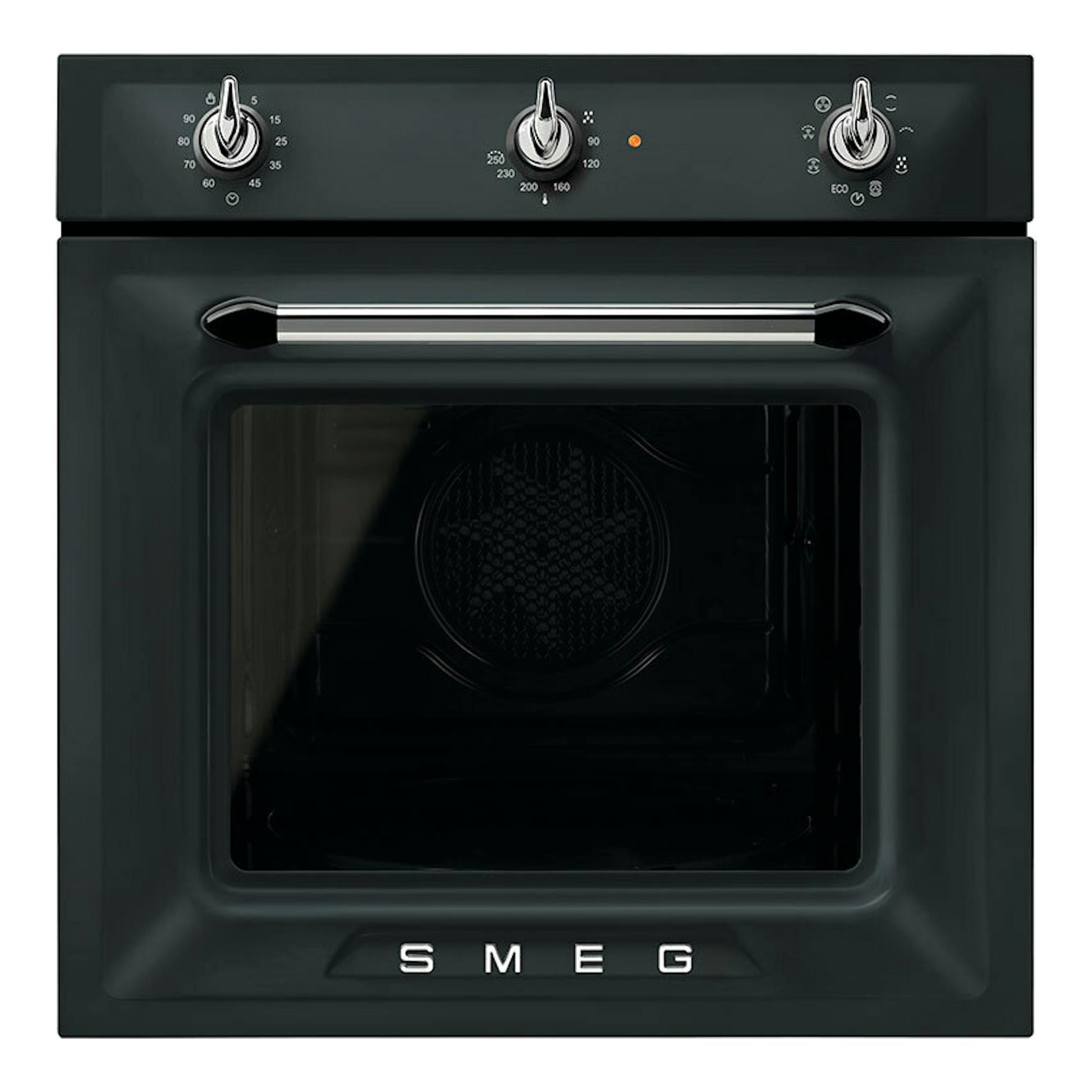 Horno Smeg SF69M3TNO negro, vista frontal, con tres mandos superiores y puerta de vidrio.