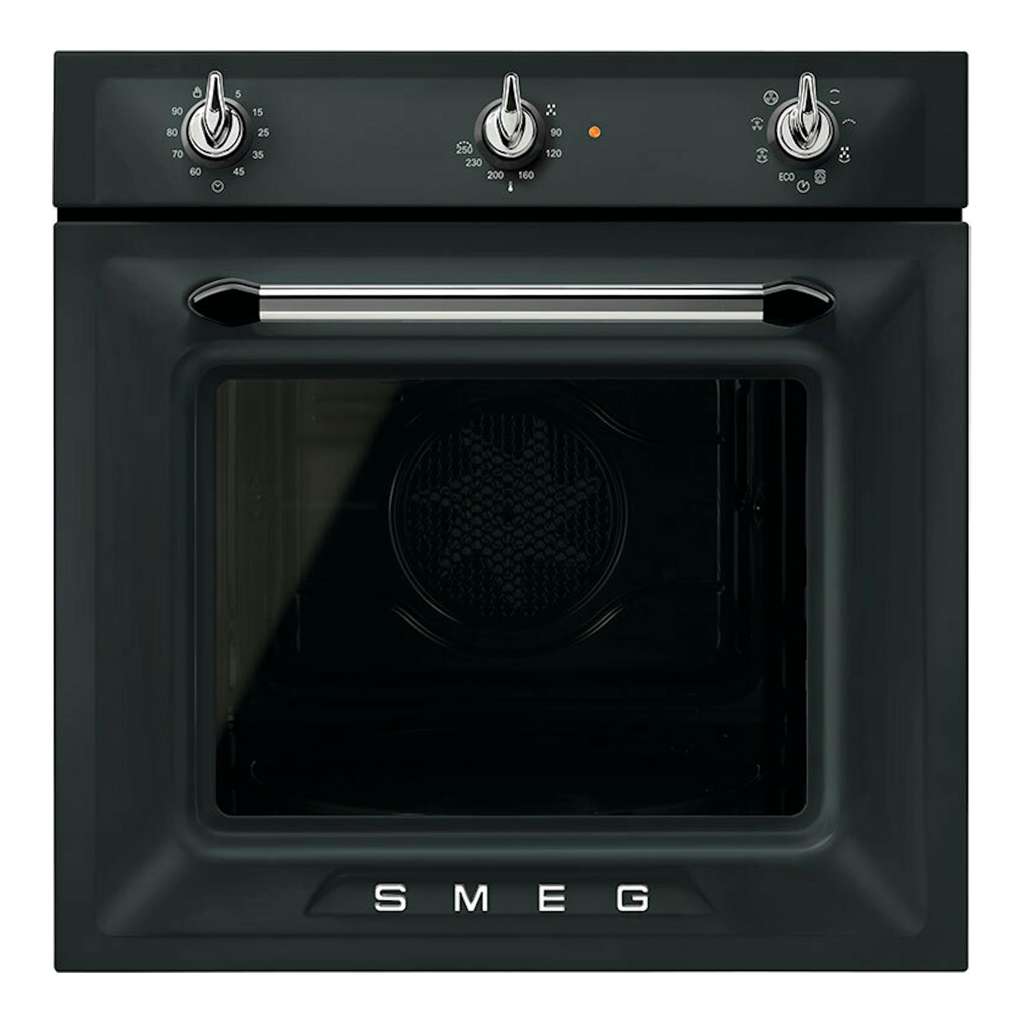Horno Smeg SF69M3TNO negro, vista frontal, con tres mandos superiores y puerta de vidrio.