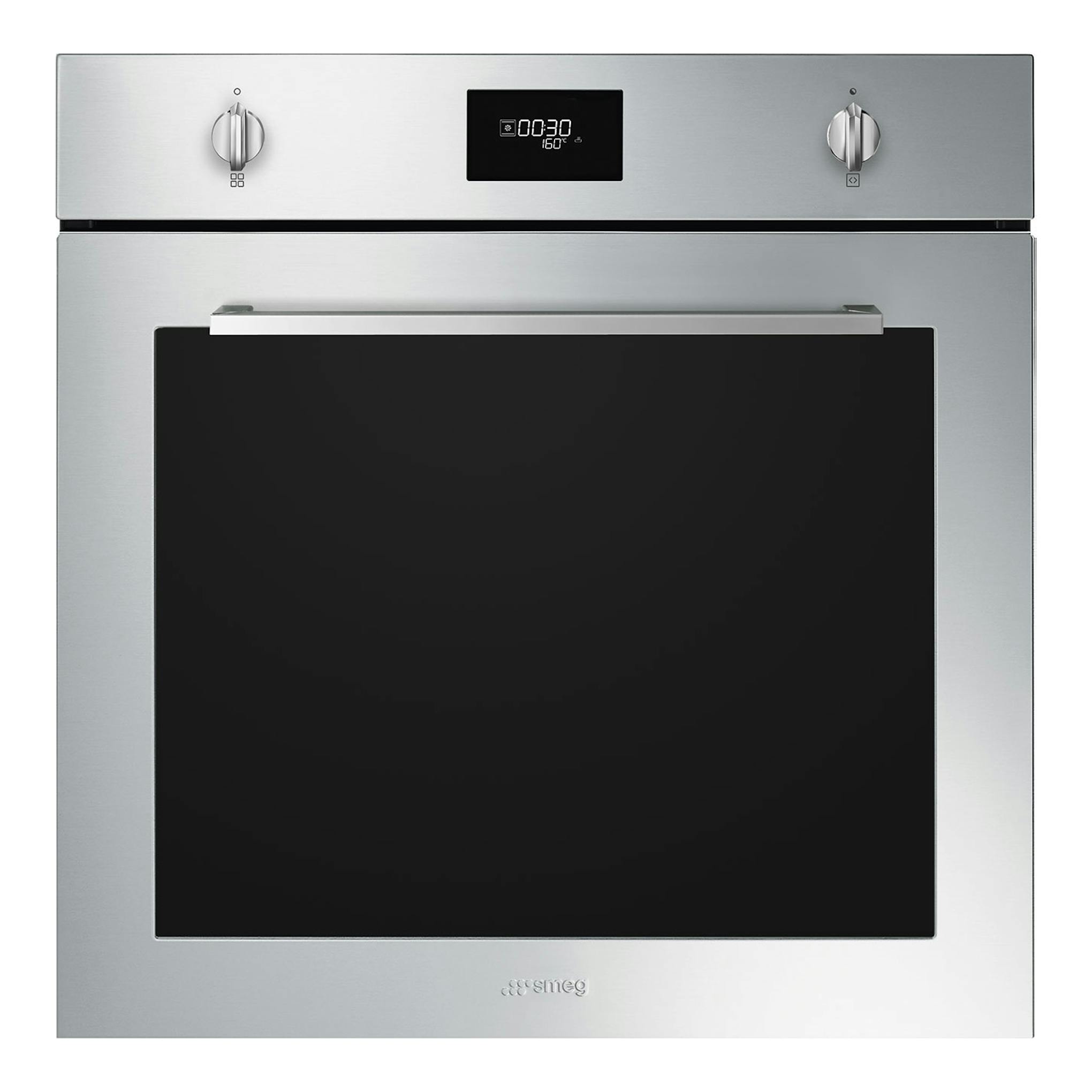 Horno empotrable Smeg SFP6401TVX1 de inox, vista frontal, puerta negra, pantalla digital y dos mandos.