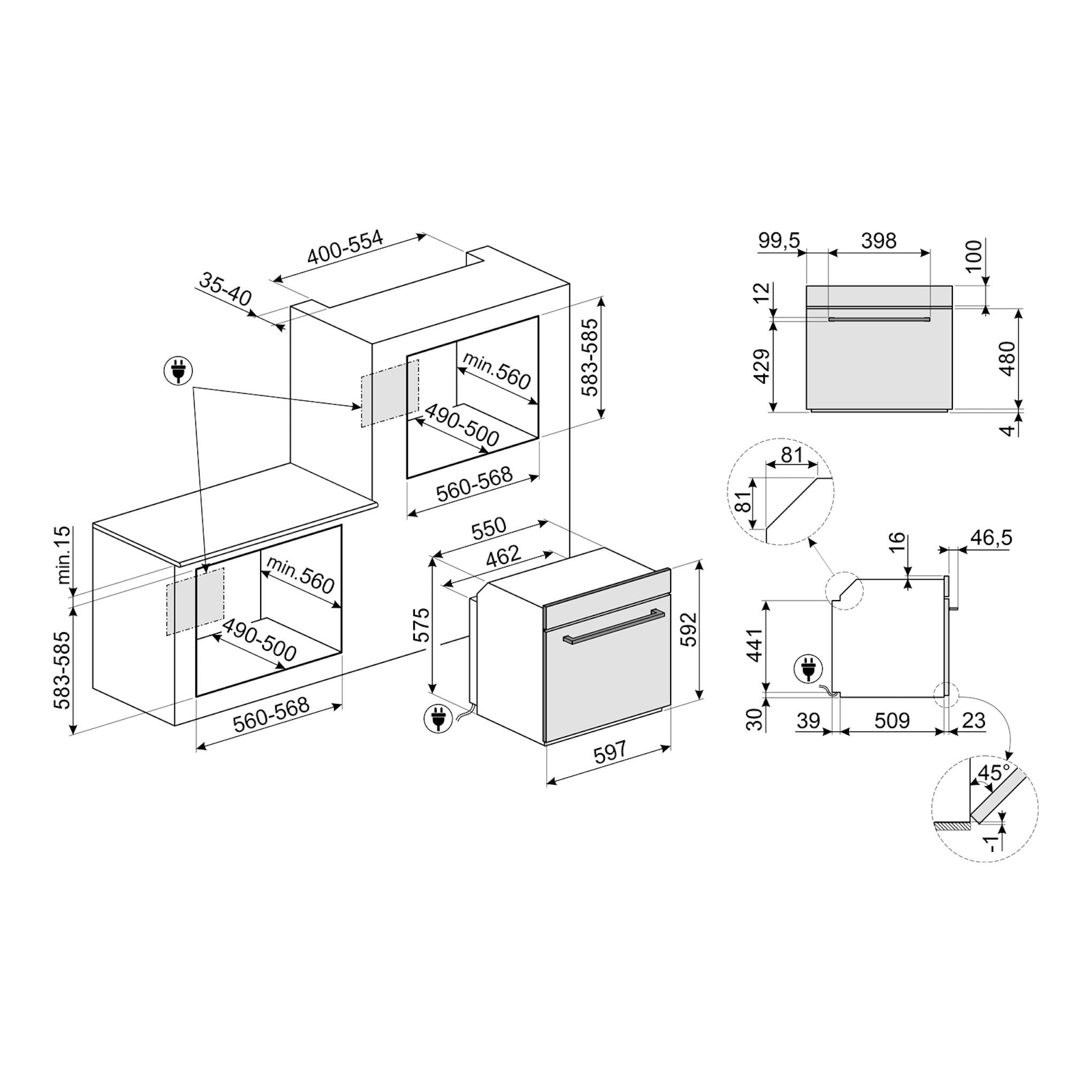 Esquema técnico del horno empotrable Smeg SFP6401TVX1 en inox, con vistas frontal y lateral y medidas.