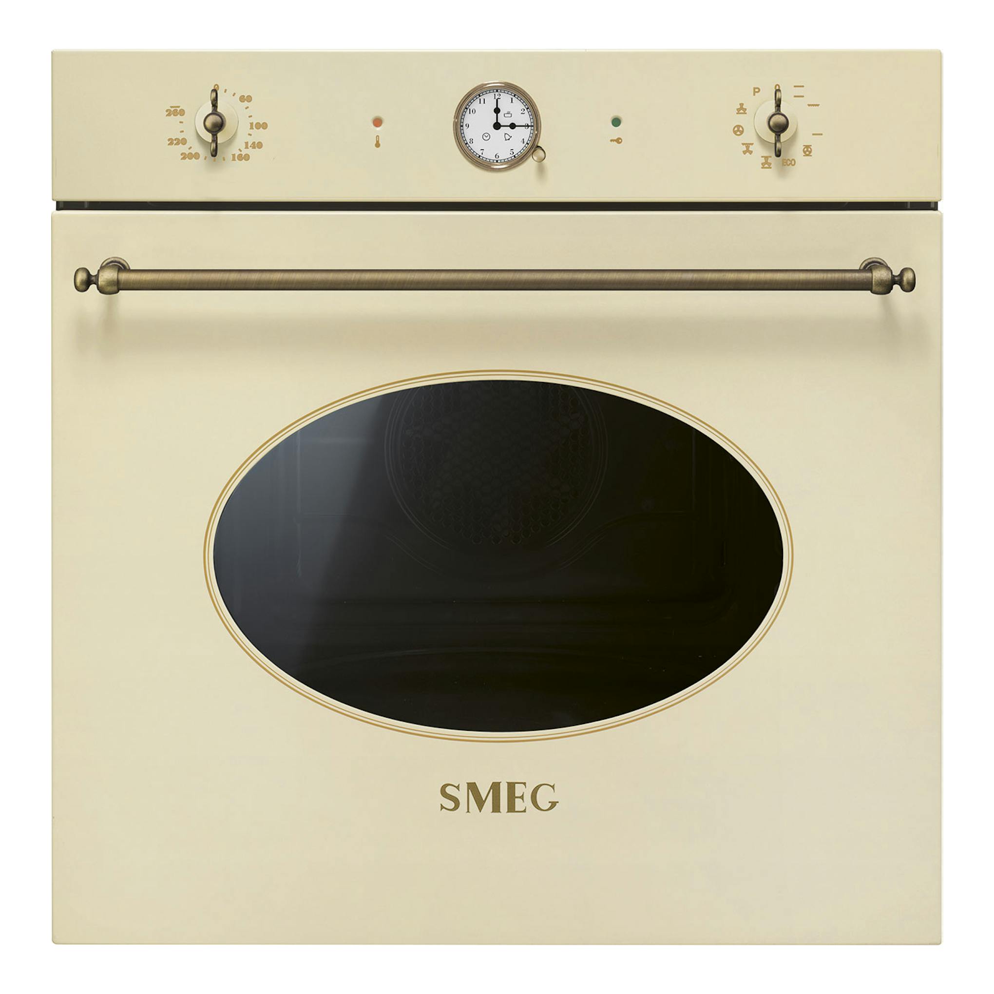 Horno Smeg SFP68C1TPO beige, vista frontal, con puerta ovalada negra y mandos analógicos superiores.