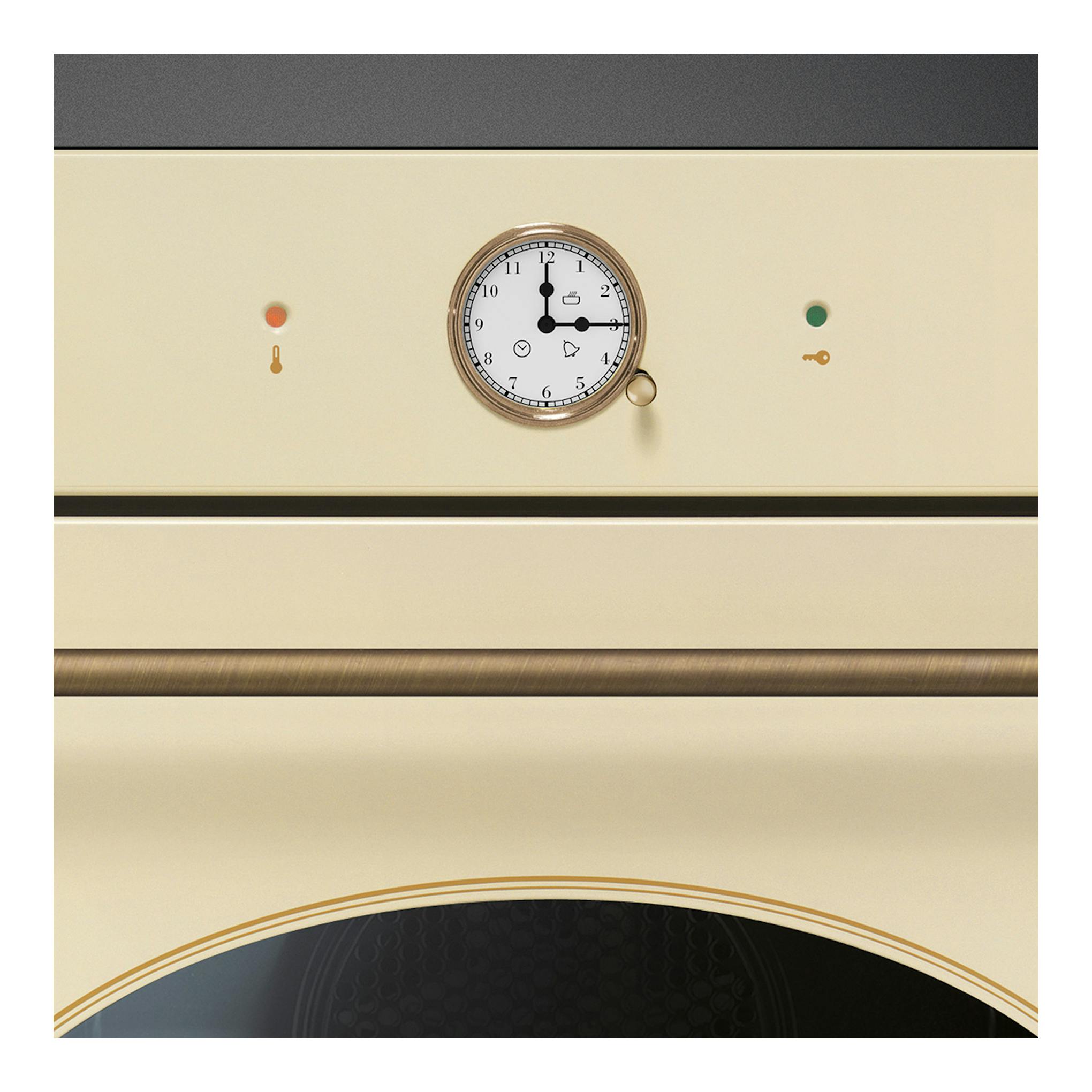 Horno Smeg SFP68C1TPO color crema, vista frontal con reloj analógico central y panel superior.