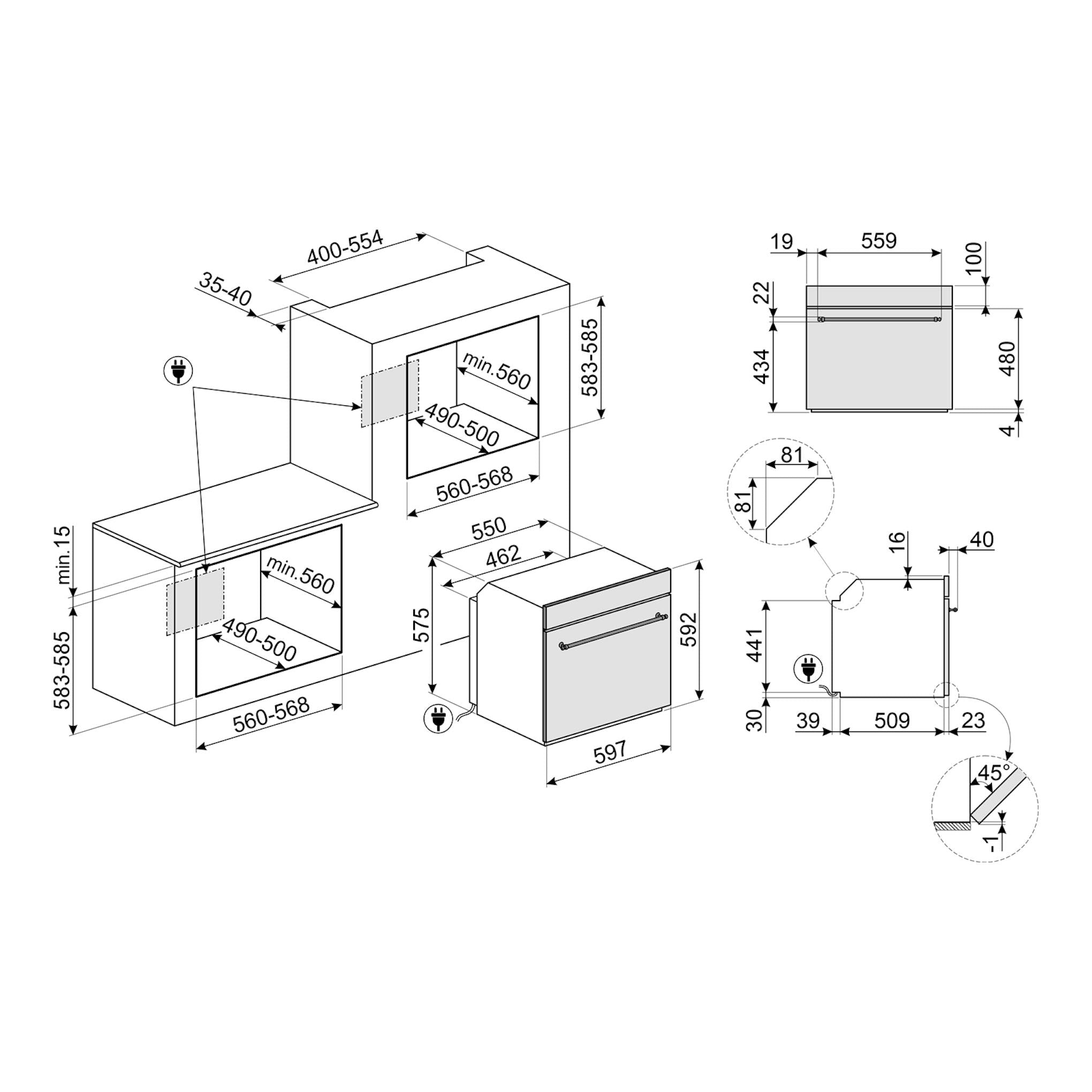 Diagrama técnico del horno Smeg SFP68C1TPO, vista isométrica y lateral, con cotas de instalación.
