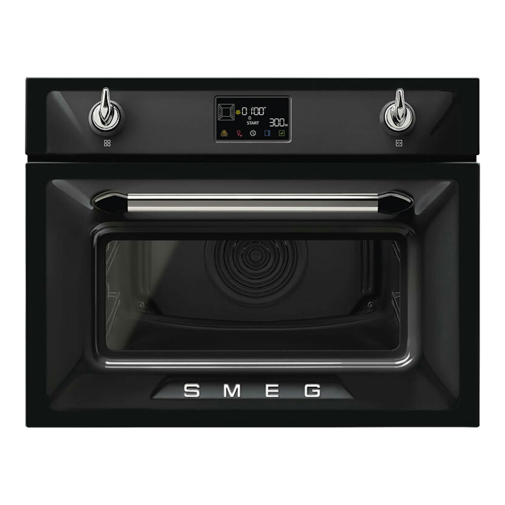 Horno Smeg SO4902M1N negro, vista frontal, con mandos plateados y panel digital central.