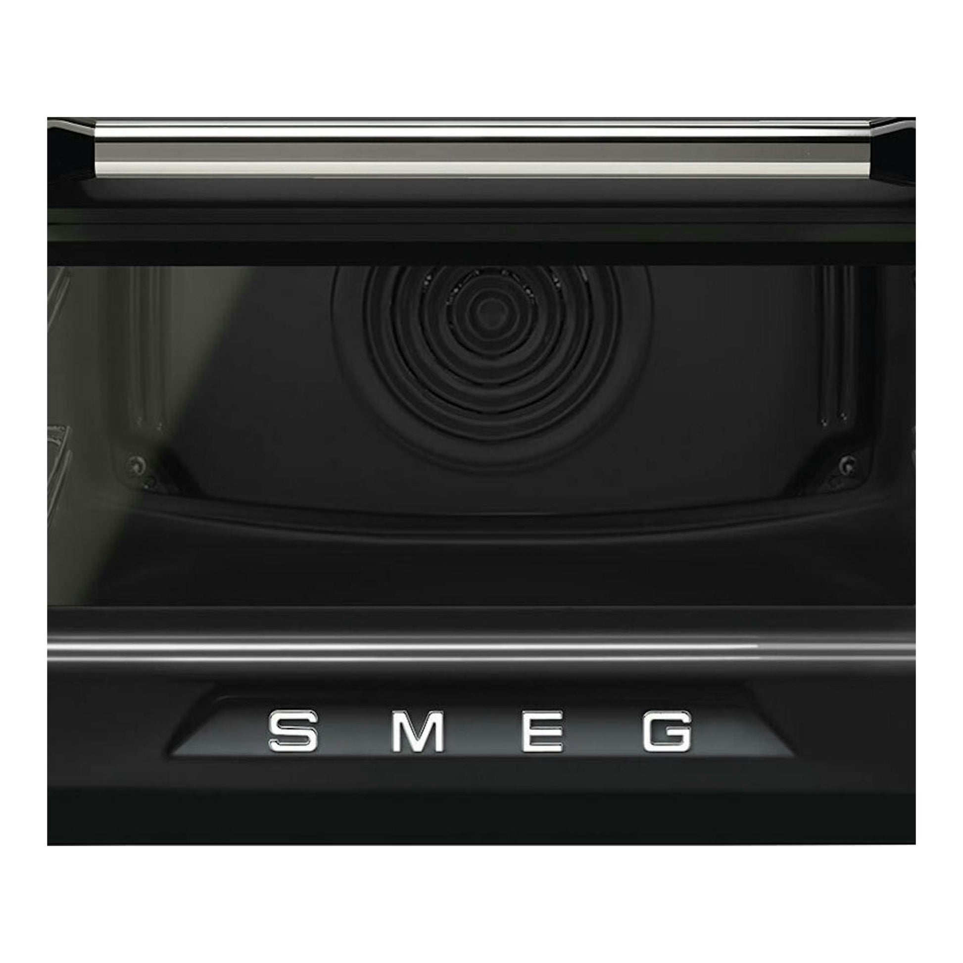 Horno Smeg SO4902M1N negro, vista frontal en primer plano con puerta de vidrio y logo Smeg.