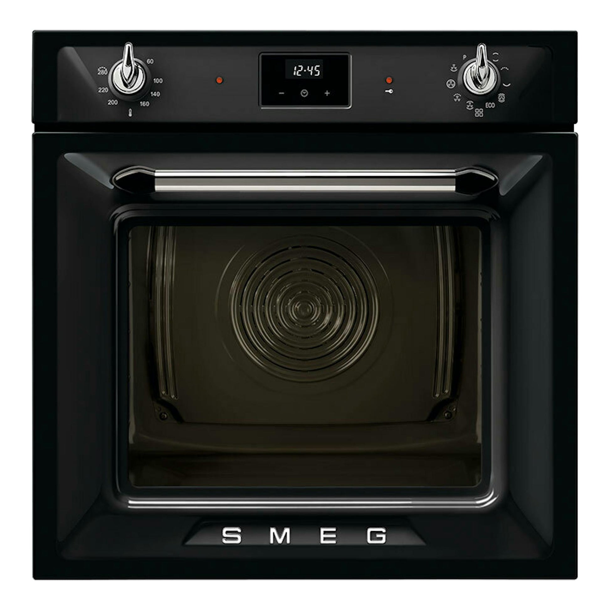 Horno Smeg SOP6900TN negro, vista frontal, con panel digital y dos mandos plateados.