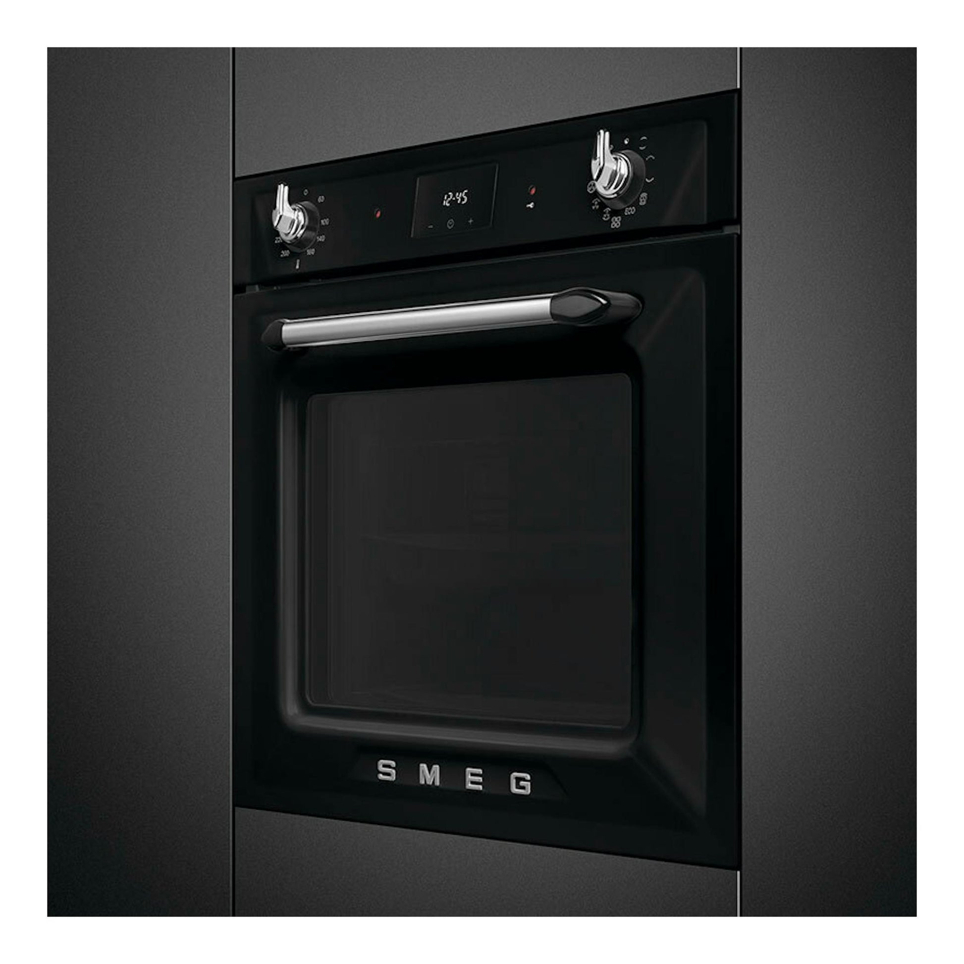 Horno empotrado Smeg SOP6900TN negro, vista frontal, con puerta de vidrio y panel de control superior.