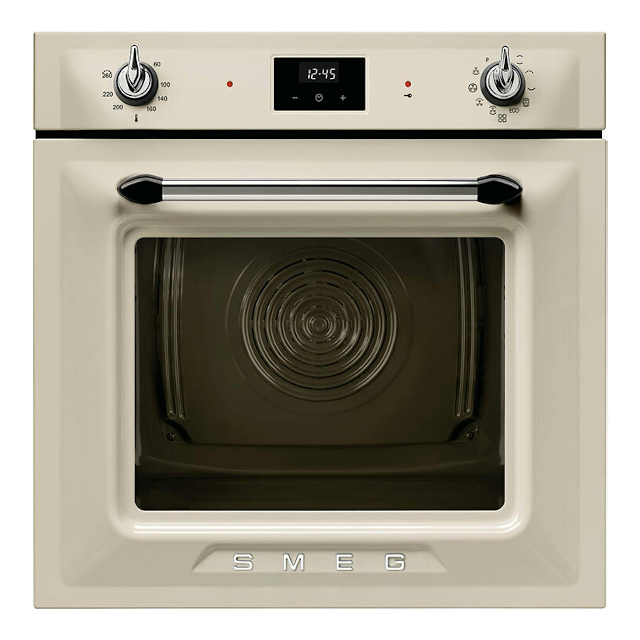 Horno Smeg SOP6900TP crema, vista frontal, con puerta de cristal, pantalla digital y dos mandos.