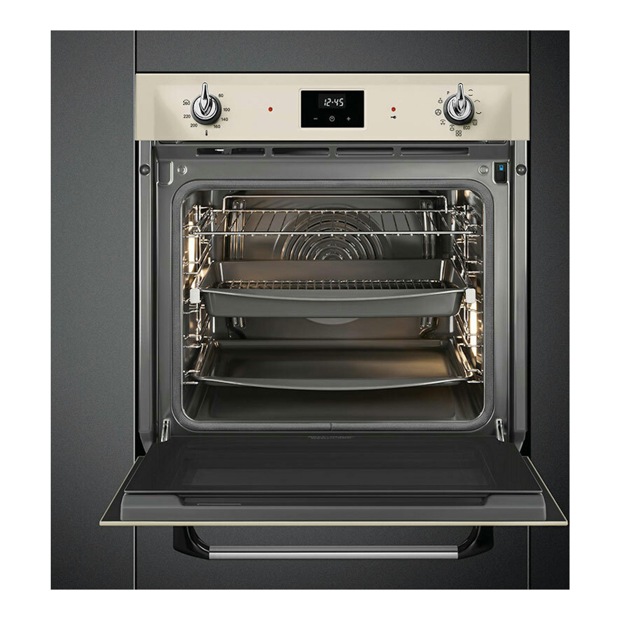 Horno Smeg SOP6900TP color crema, vista frontal con puerta abierta, dos mandos y display digital.