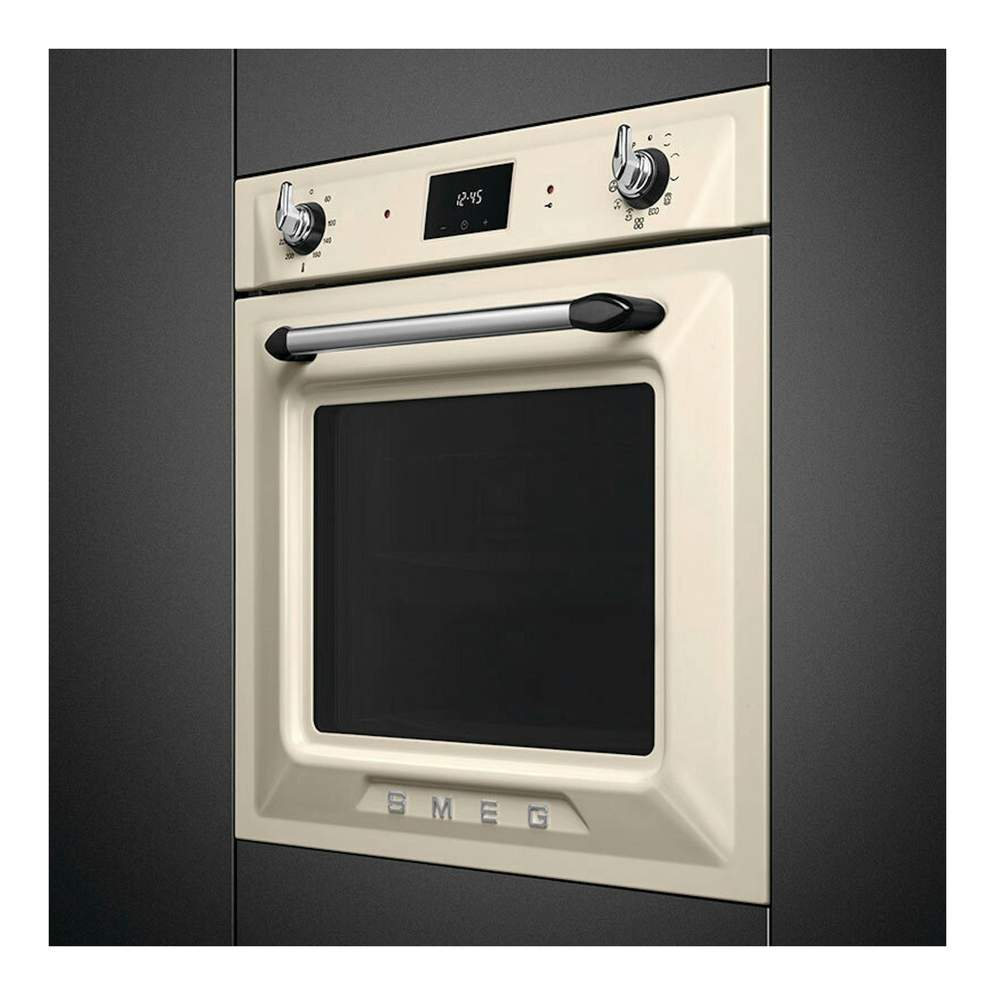 Horno empotrado Smeg SOP6900TP crema, vista frontal, con puerta negra, dos mandos y display digital.