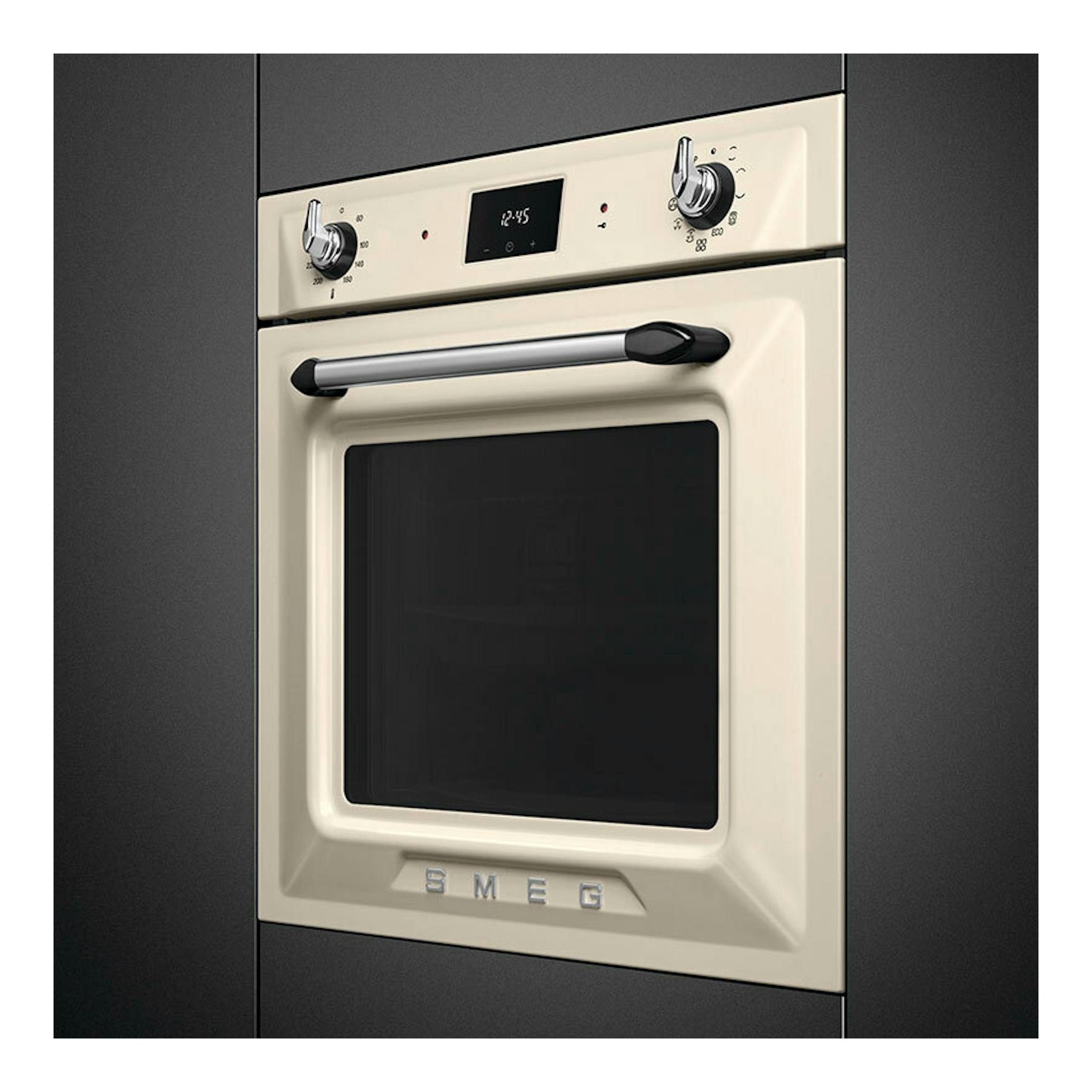 Horno empotrado Smeg SOP6900TP crema, vista frontal, con puerta negra, dos mandos y display digital.