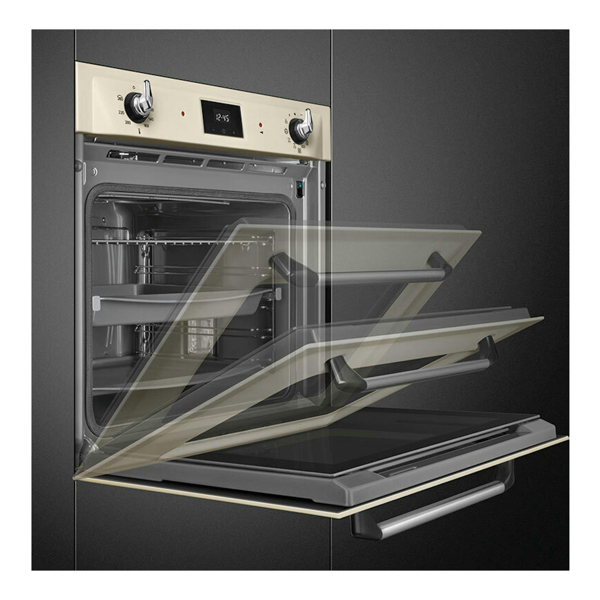 Horno empotrable Smeg SOP6900TP crema, vista frontal con puerta abatible abierta y panel digital.