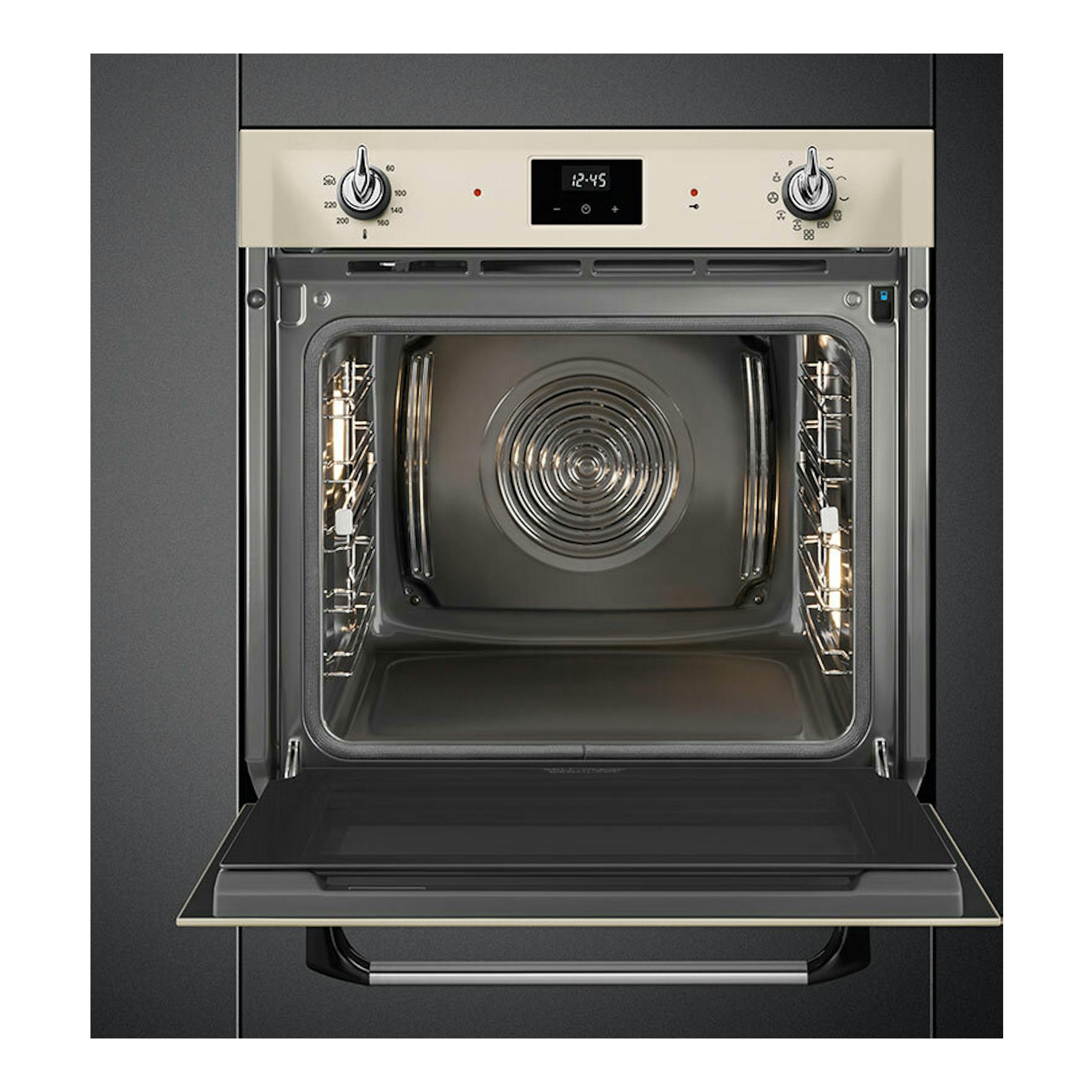 Horno Smeg SOP6900TP crema empotrado, vista frontal con puerta abatible abierta, interior metálico y dos mandos.