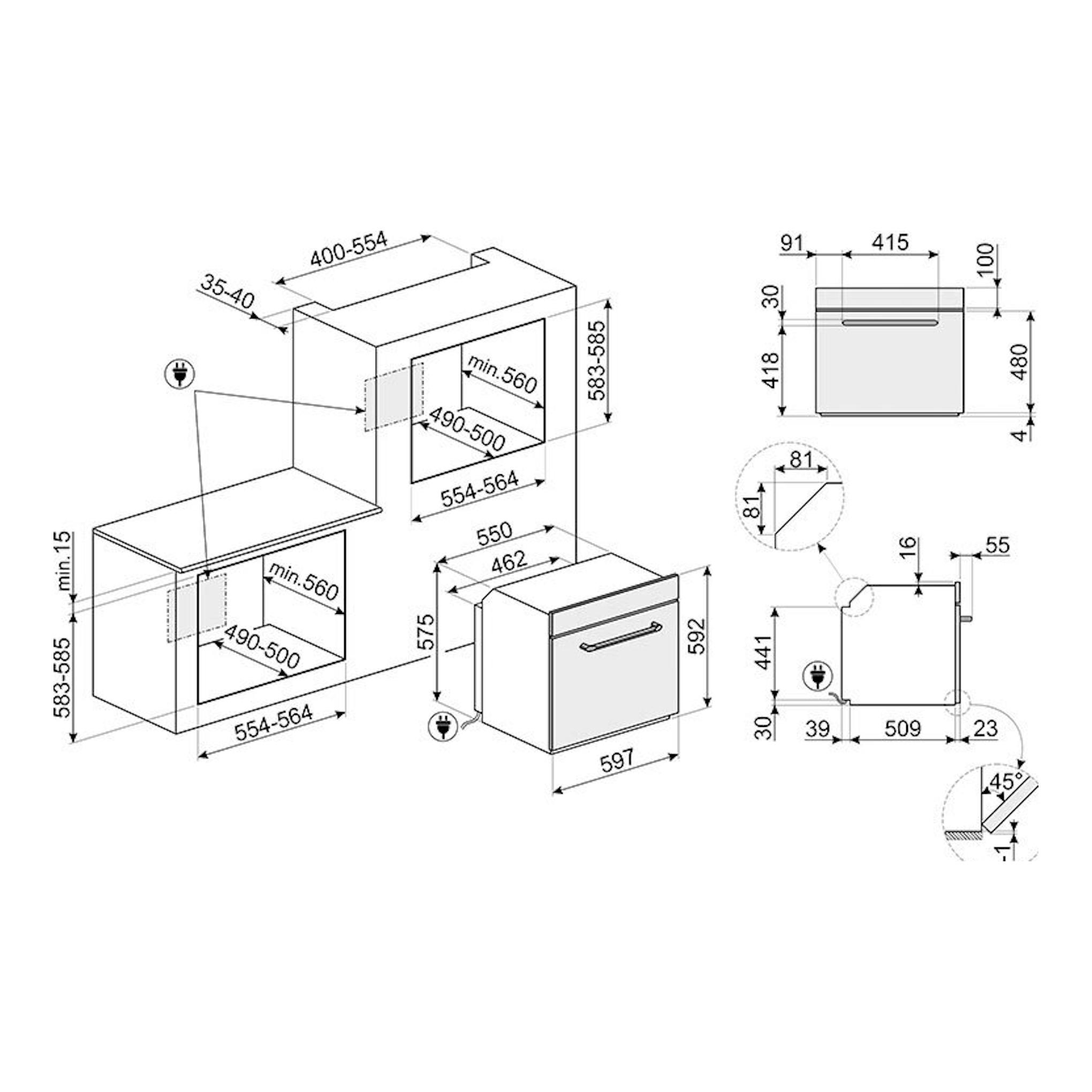 Diagrama técnico del horno Smeg SOP6900TX inox, con vistas frontal y lateral y medidas de instalación.