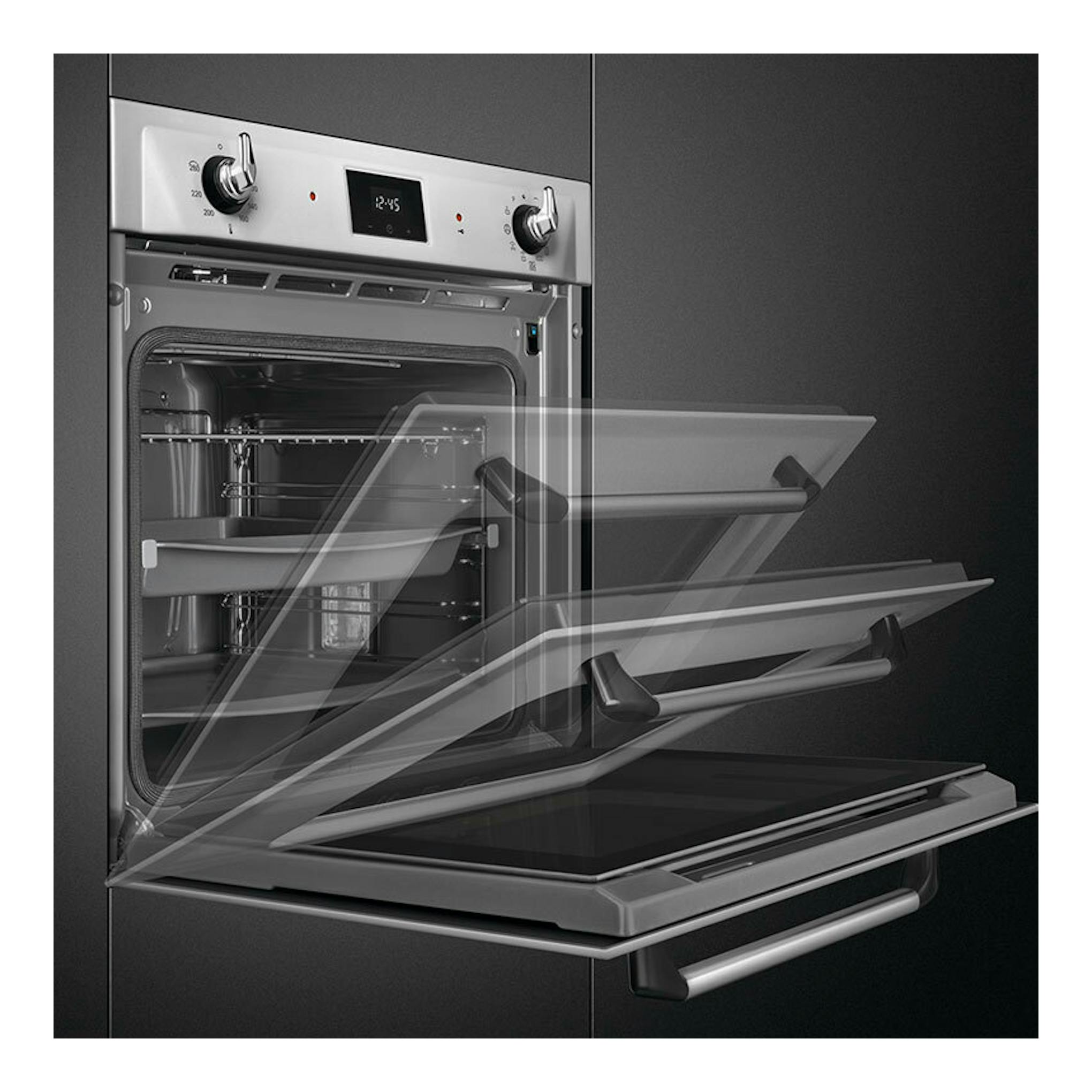 Horno Smeg SOP6900TX inox, vista frontal, puerta abatible abierta y panel digital en acero inoxidable.