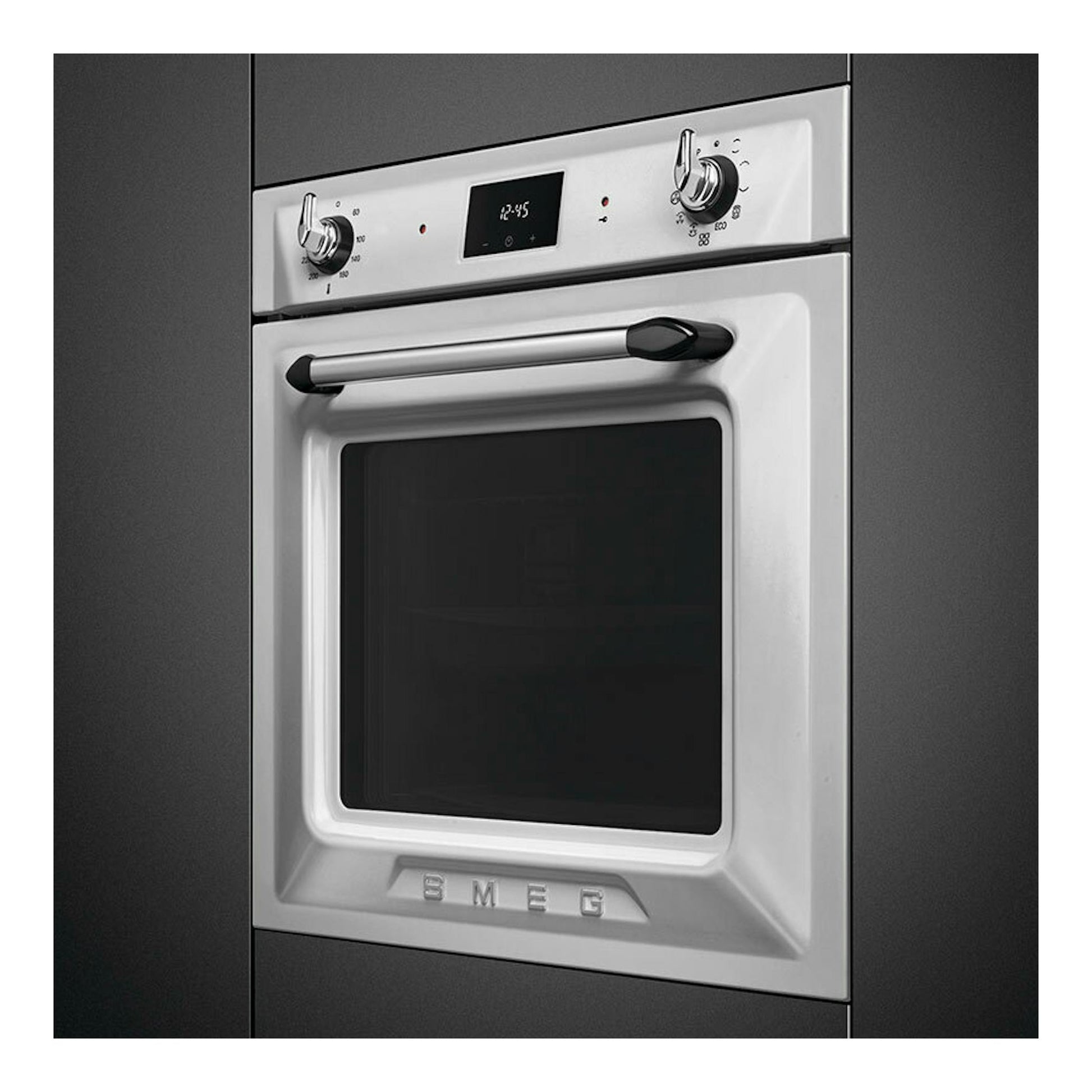 Horno Smeg SOP6900TX inox, vista frontal, con puerta blanca, panel digital y dos mandos.