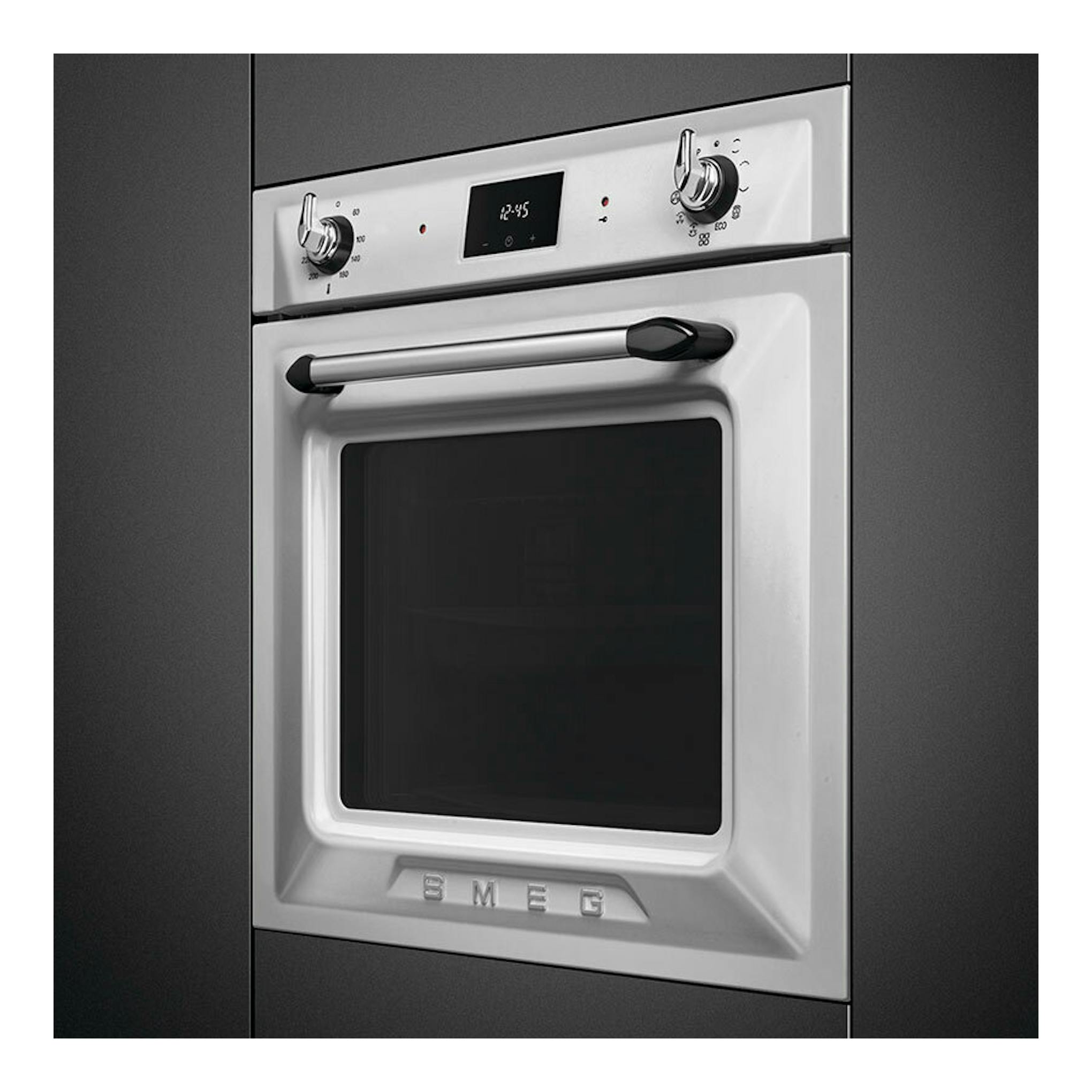 Horno Smeg SOP6900TX inox, vista frontal, con puerta blanca, panel digital y dos mandos.
