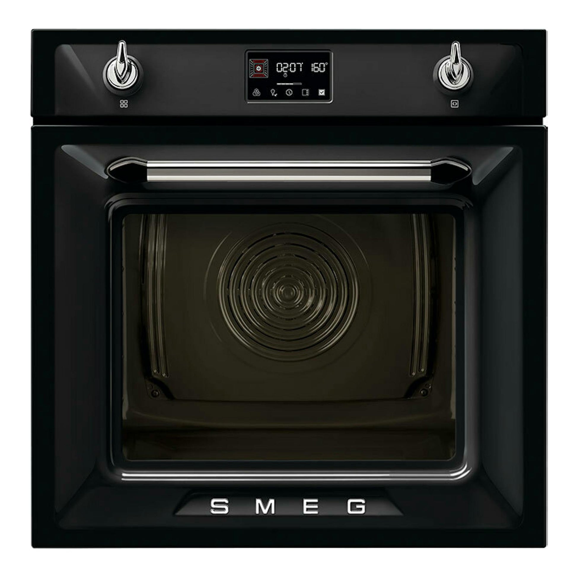 Horno Smeg SOP6902S2PN negro, vista frontal, con panel digital, dos mandos y puerta de cristal.