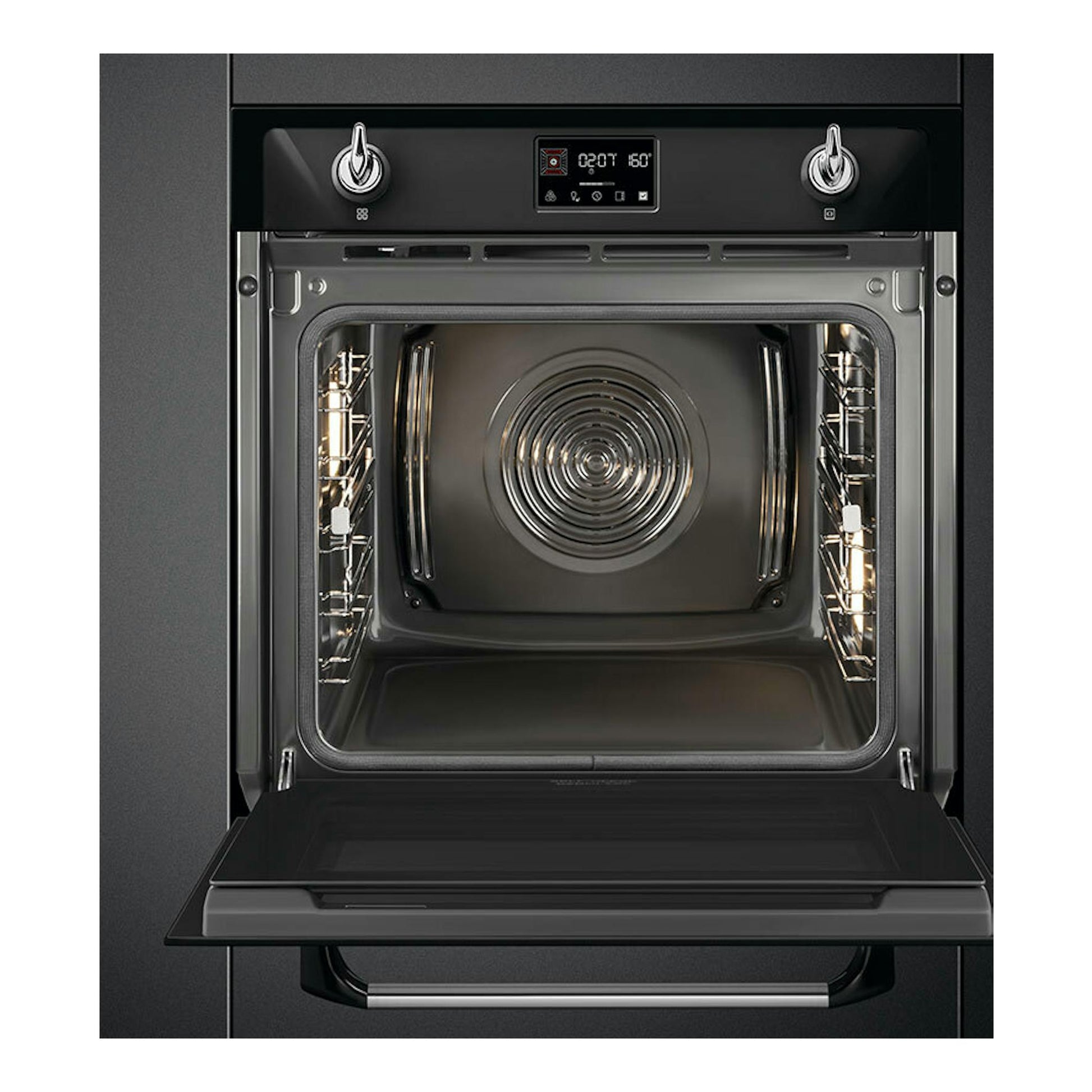Horno Smeg SOP6902S2PN negro, vista frontal, puerta abatible abierta y panel digital.