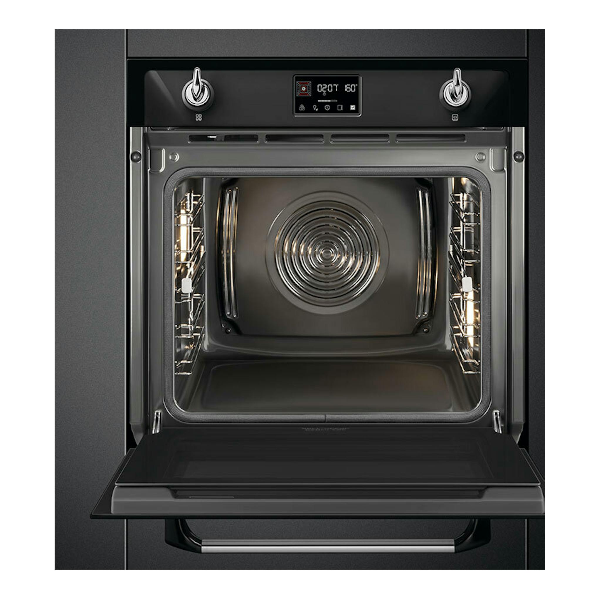 Horno Smeg SOP6902S2PN negro, vista frontal, puerta abatible abierta y panel digital.