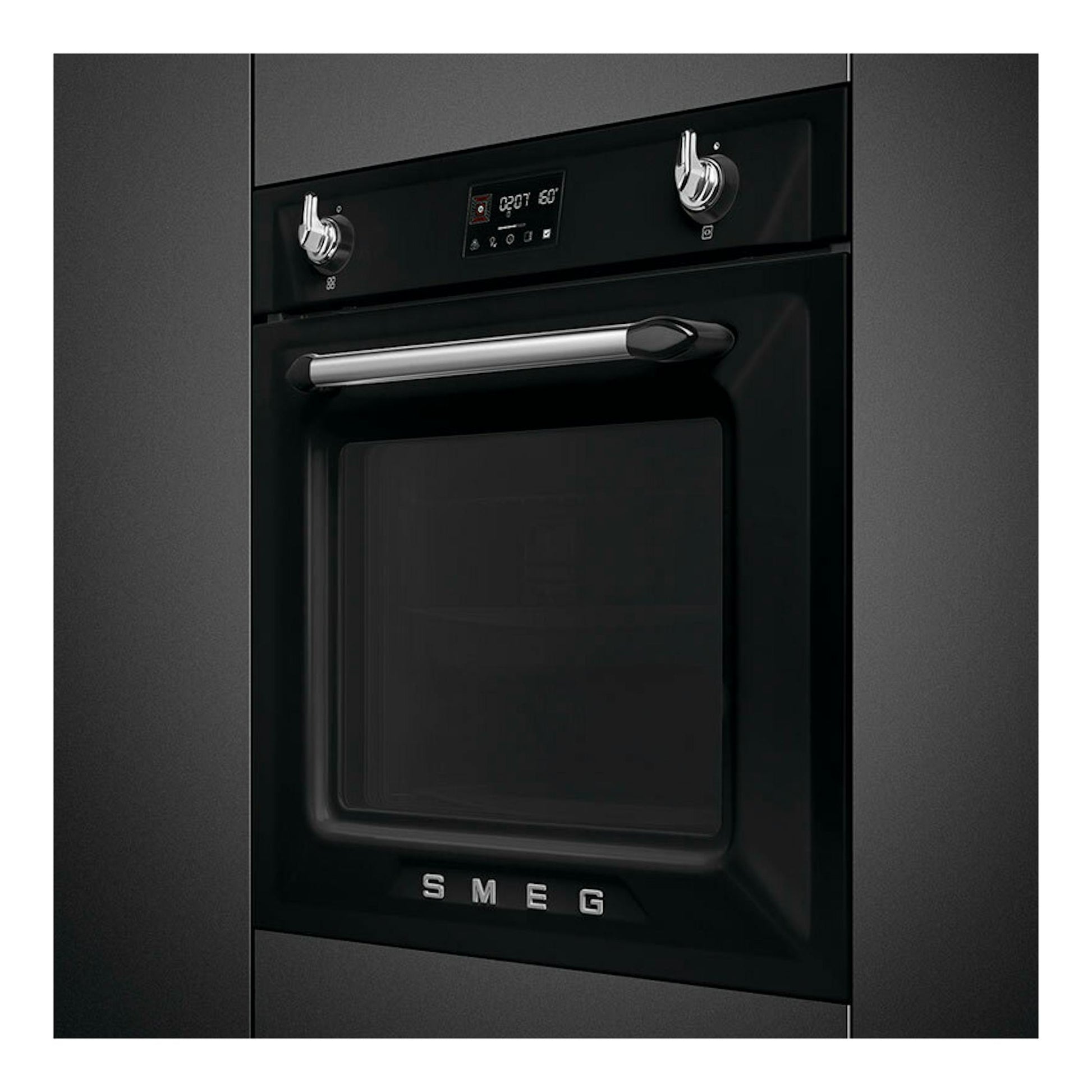 Horno empotrado Smeg SOP6902S2PN negro, vista frontal, con mandos plateados y pantalla digital.