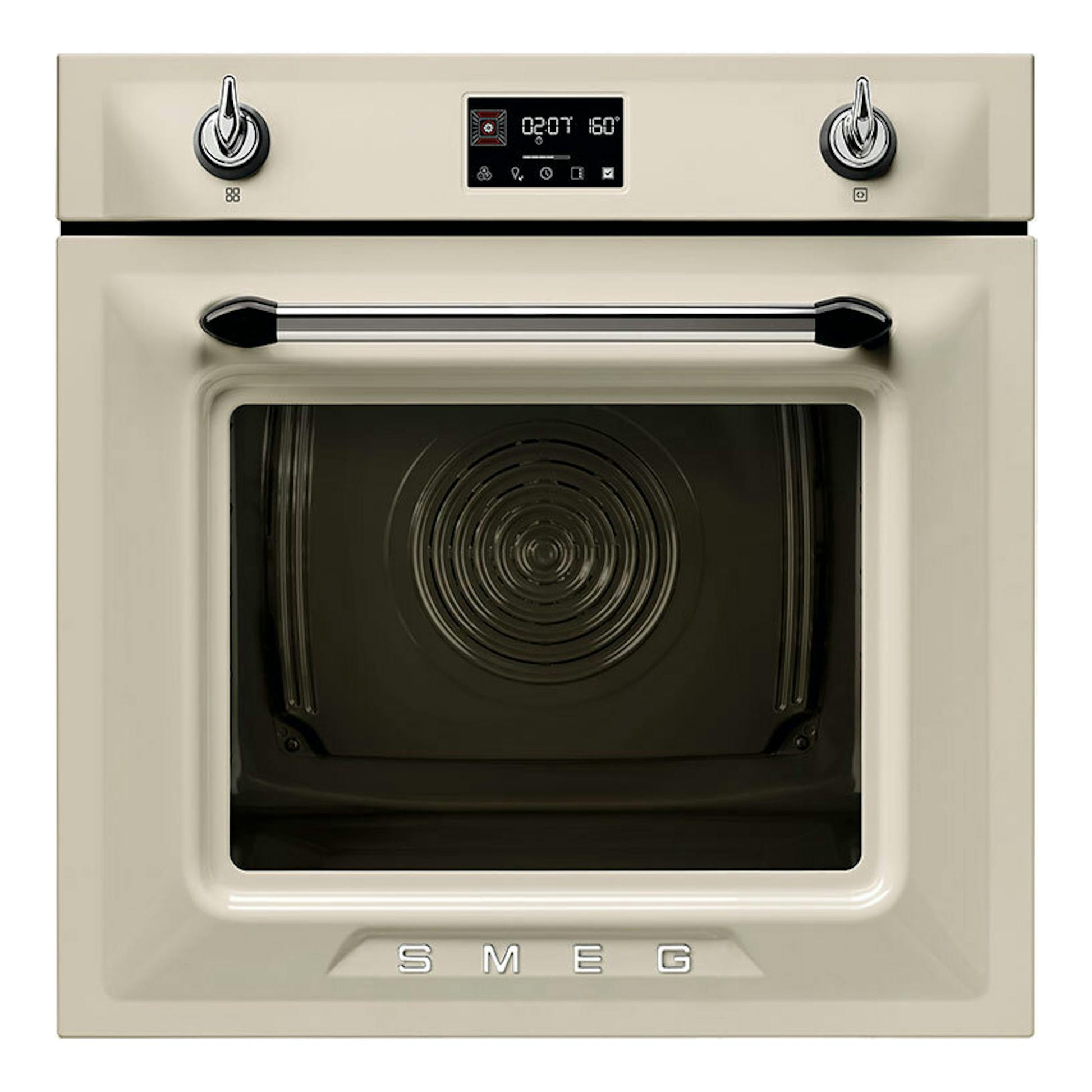Horno Smeg SOP6902S2PP crema, vista frontal, con puerta de vidrio negro, dos mandos y pantalla digital.