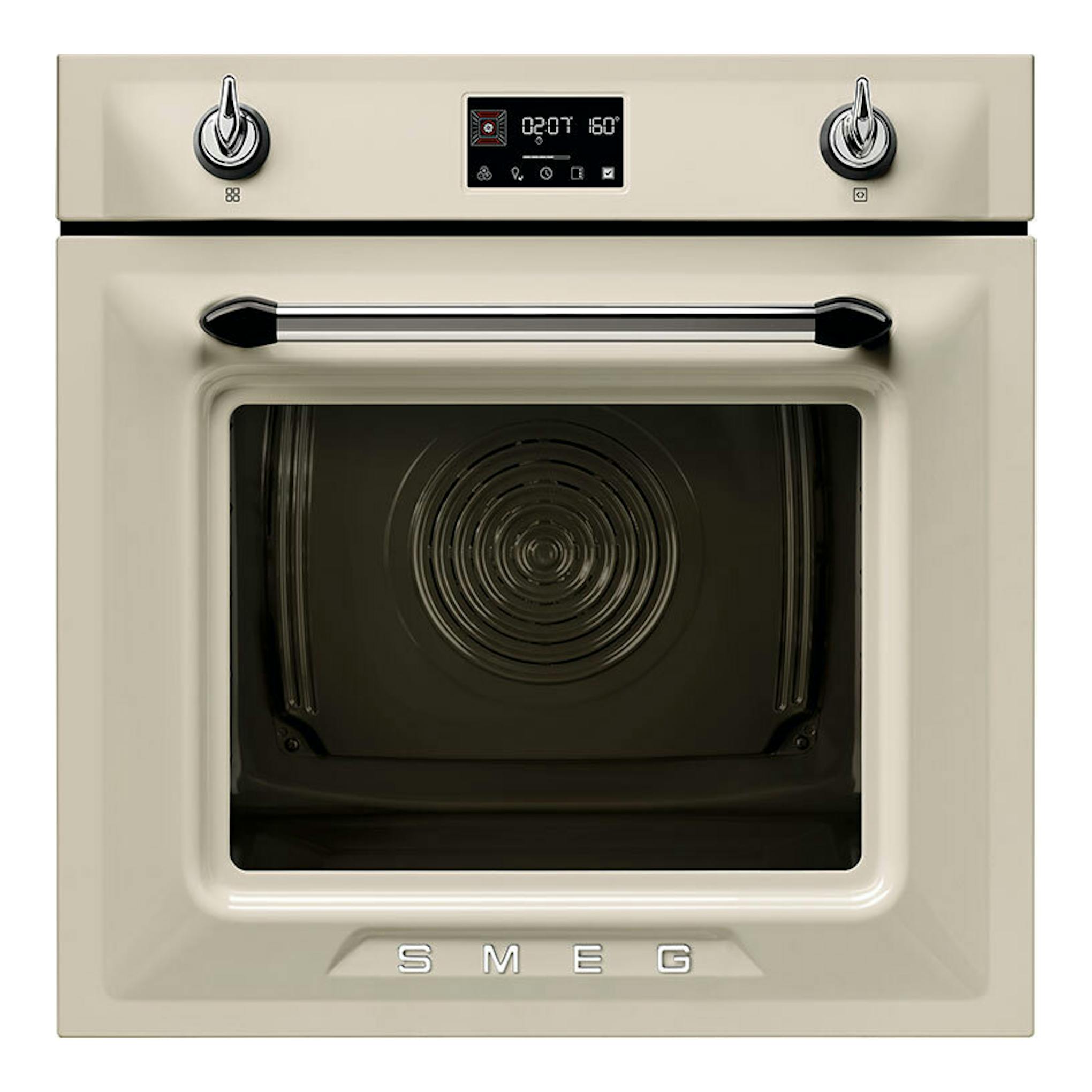 Horno Smeg SOP6902S2PP crema, vista frontal, con puerta de vidrio negro, dos mandos y pantalla digital.