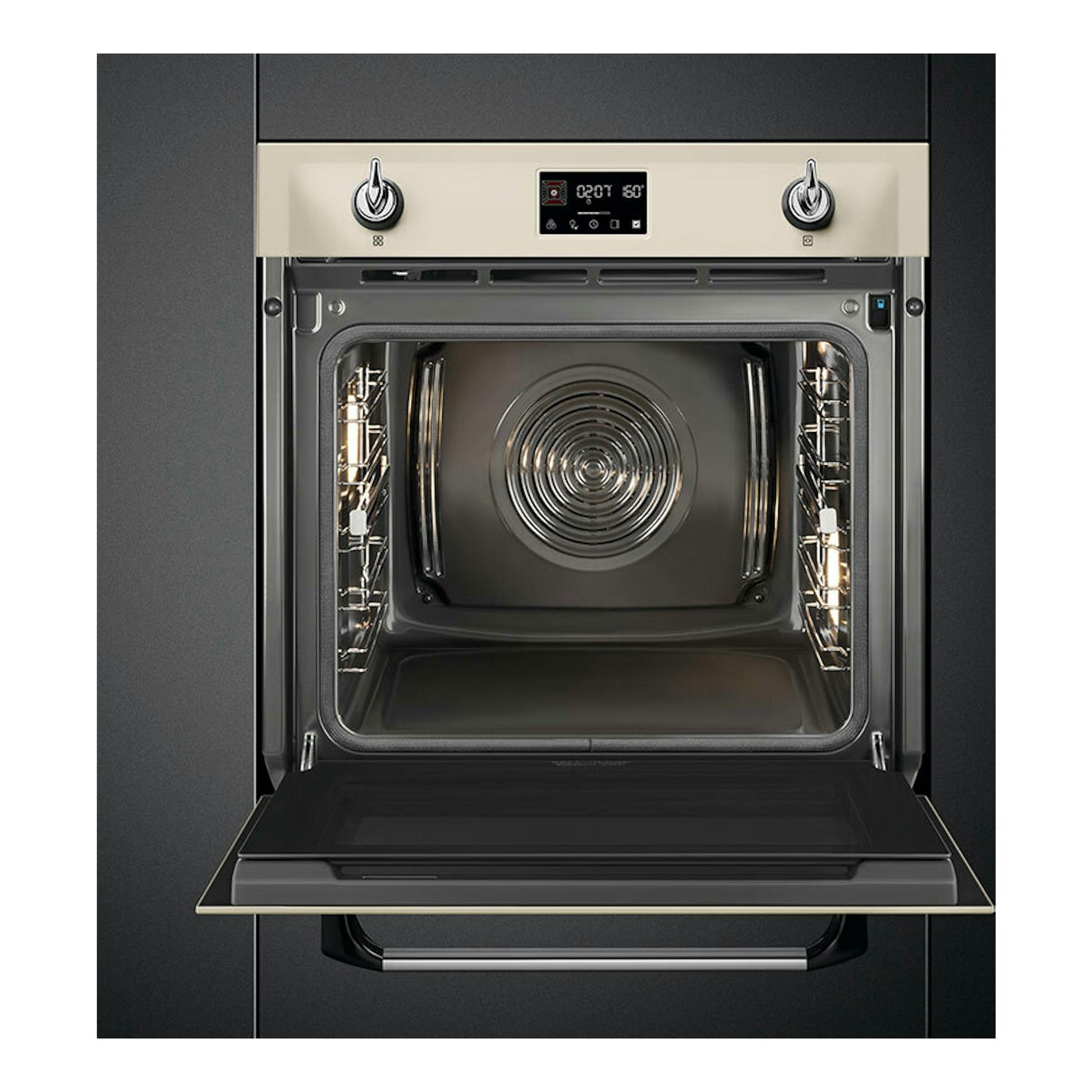 Horno empotrado Smeg SOP6902S2PP crema, vista frontal con puerta abatible abierta y cavidad interior negra.