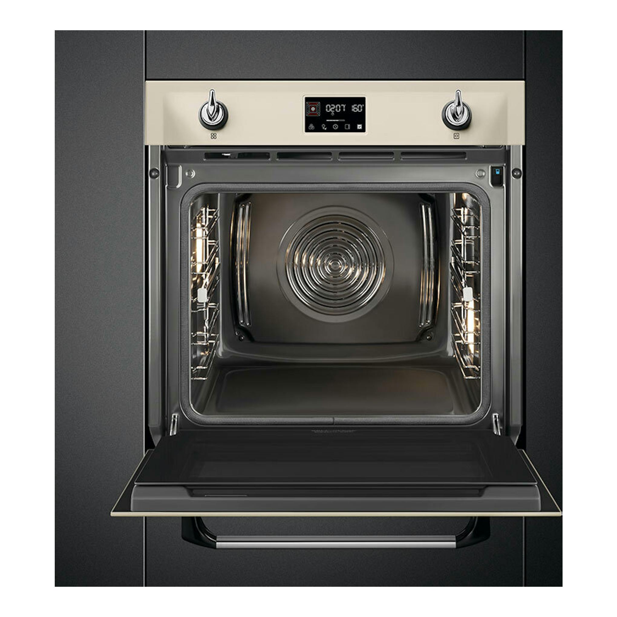 Horno empotrado Smeg SOP6902S2PP crema, vista frontal con puerta abatible abierta y cavidad interior negra.