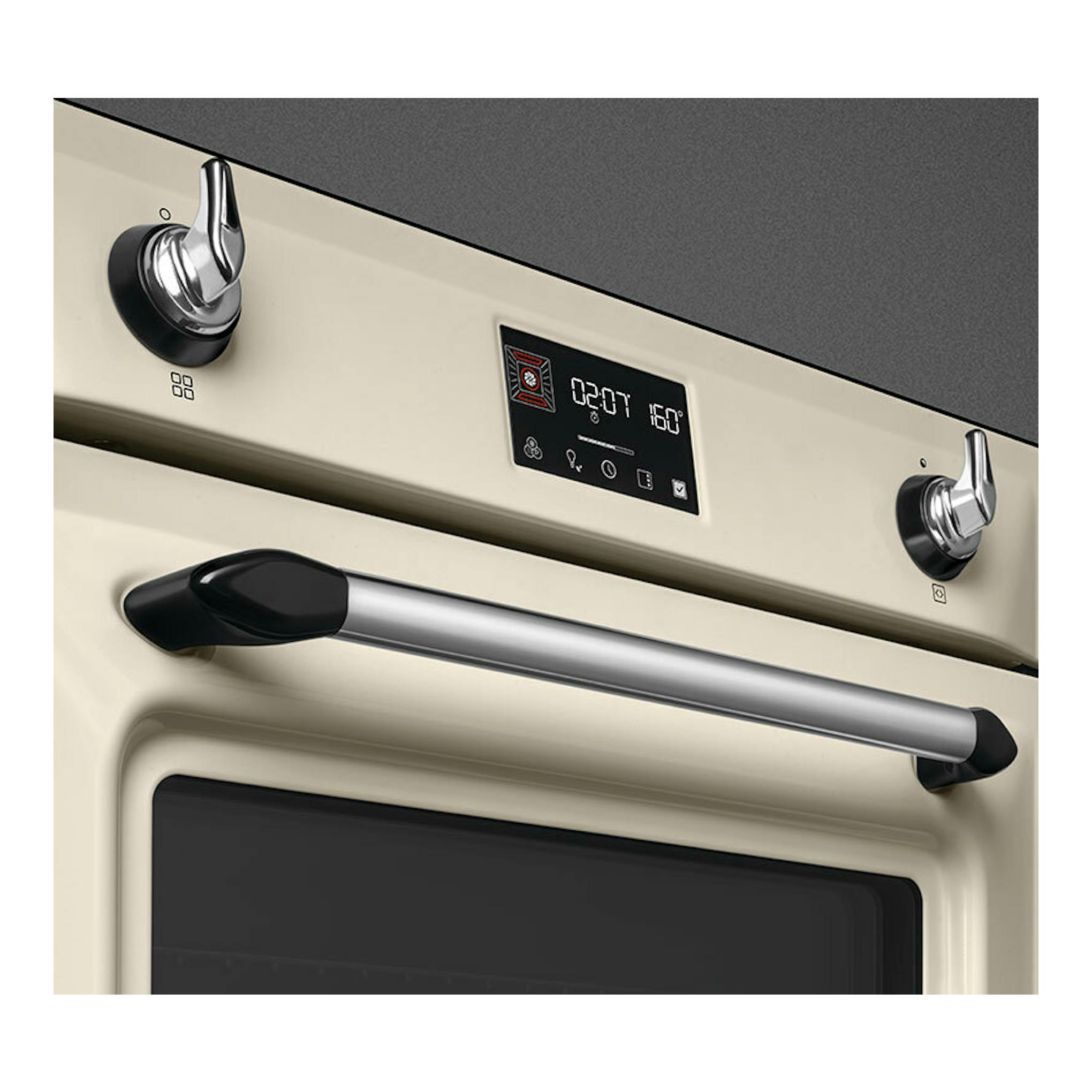 Horno Smeg SOP6902S2PP color crema, vista frontal parcial con pantalla digital, mandos y asa metálica.