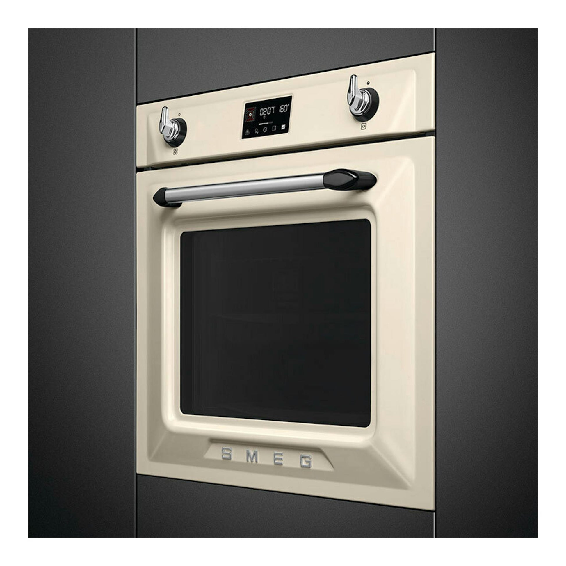 Horno empotrado Smeg SOP6902S2PP crema, vista frontal, con pantalla central, dos mandos y puerta negra.