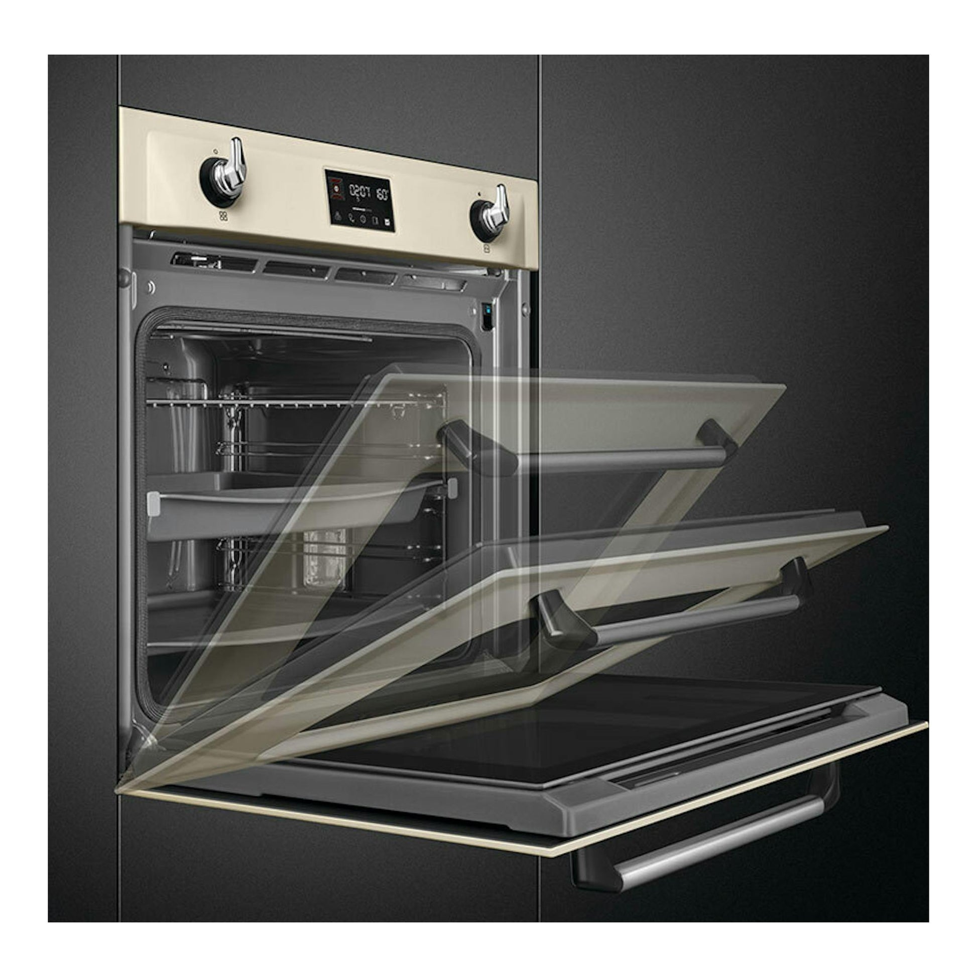 Horno empotrable Smeg SOP6902S2PP crema, vista frontal con puerta abatible abierta.