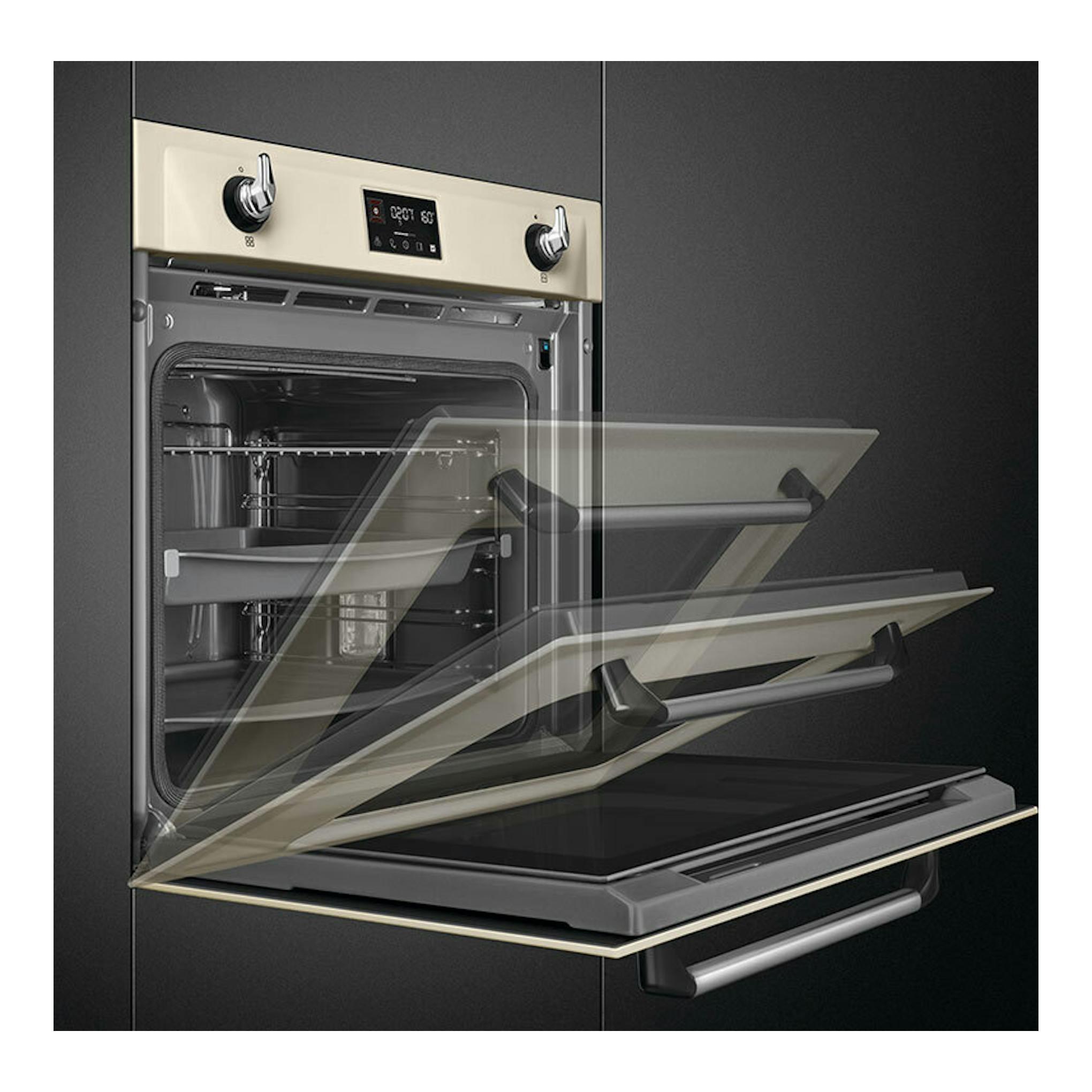 Horno empotrable Smeg SOP6902S2PP crema, vista frontal con puerta abatible abierta.