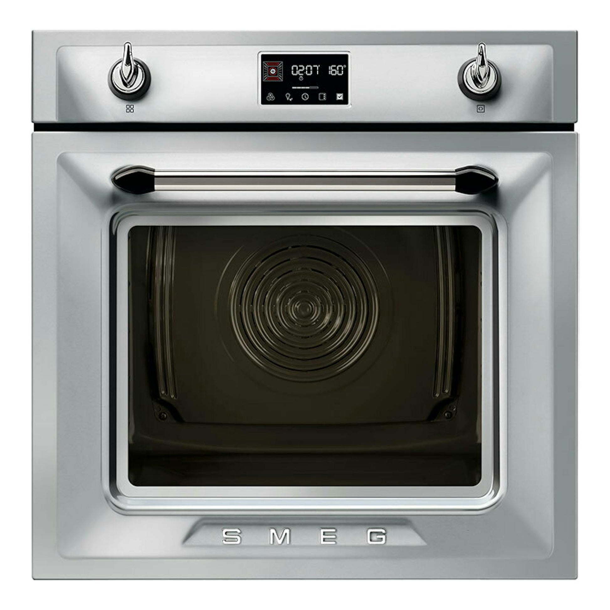 Horno Smeg SOP6902S2PX inox, vista frontal, con puerta de cristal, dos mandos y display digital.