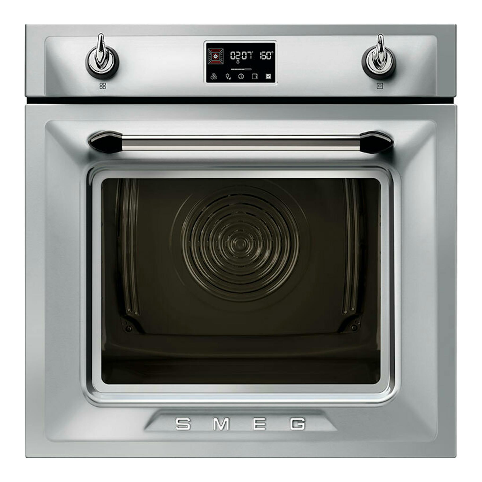 Horno Smeg SOP6902S2PX inox, vista frontal, con puerta de cristal, dos mandos y display digital.