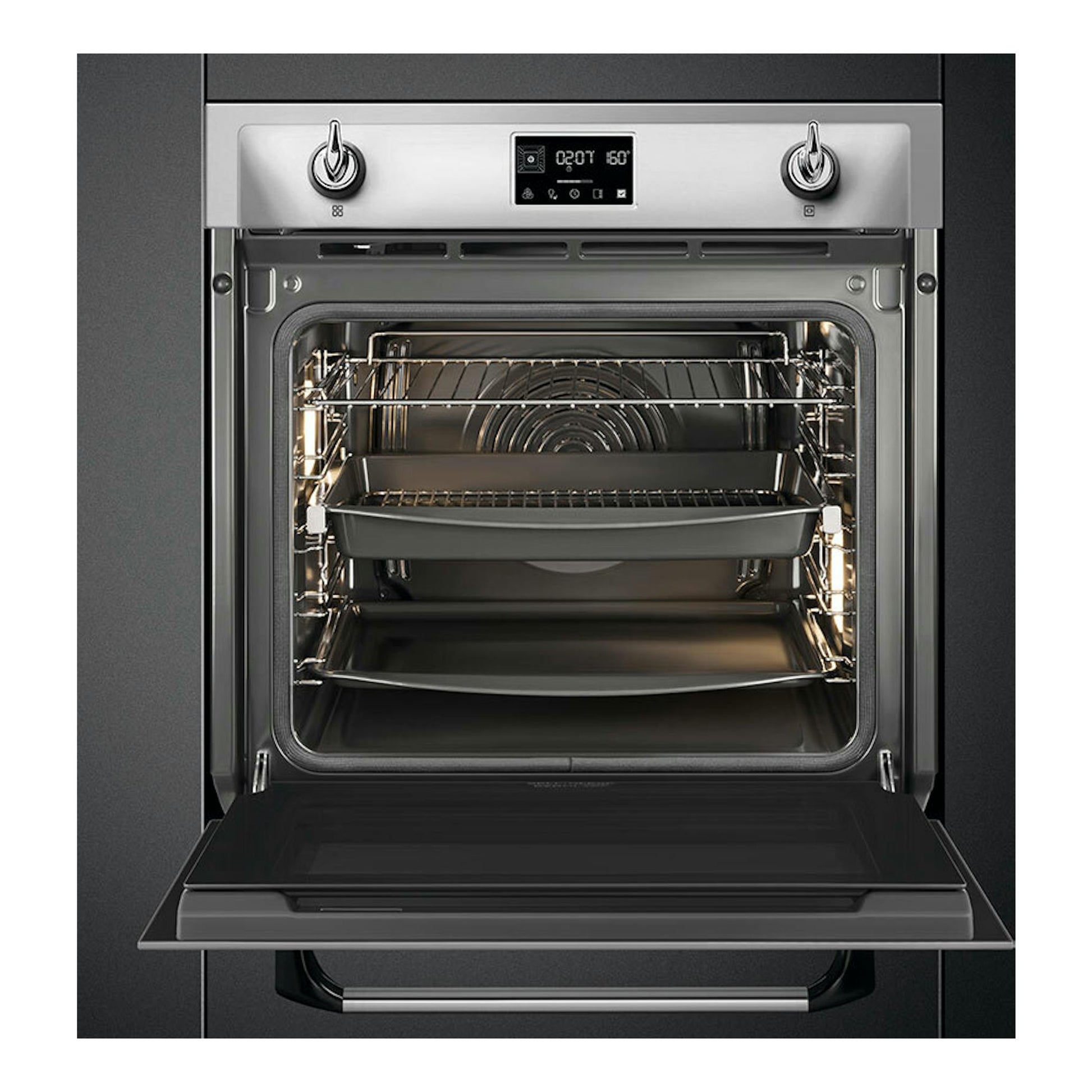 Horno Smeg SOP6902S2PX inox, vista frontal abierta, interior con bandeja y rejillas, panel digital superior.
