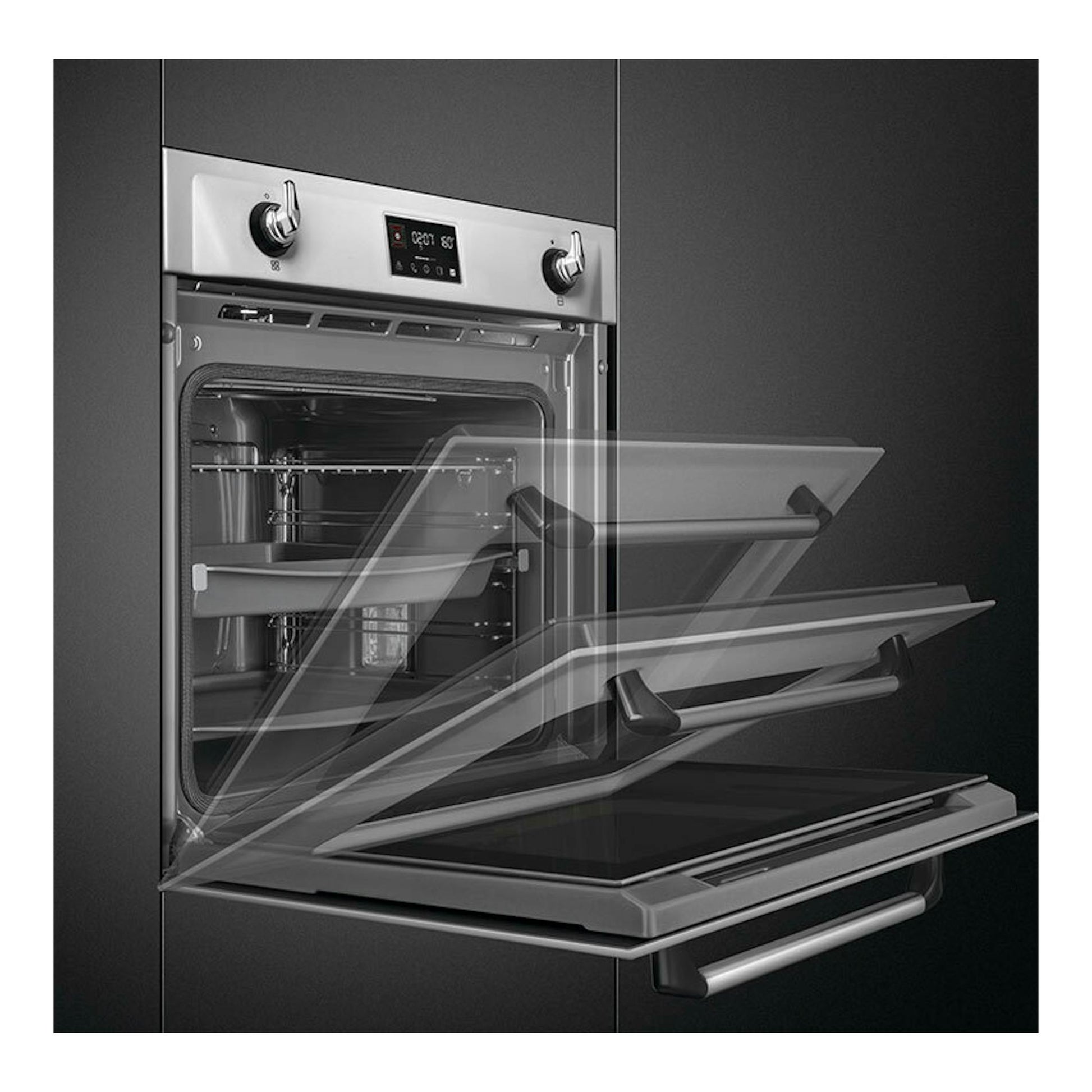 Horno empotrable Smeg SOP6902S2PX inox, vista frontal con puerta abatible abierta y panel de control superior.