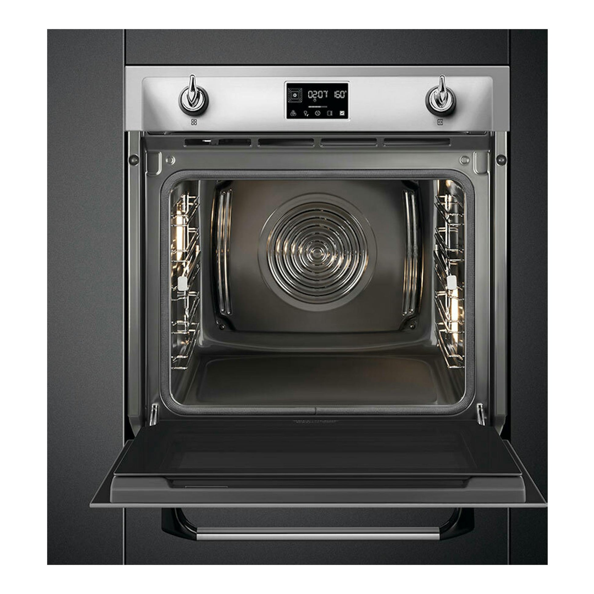Horno Smeg SOP6902S2PX inox, vista frontal con puerta abatible abierta, interior de acero y panel digital