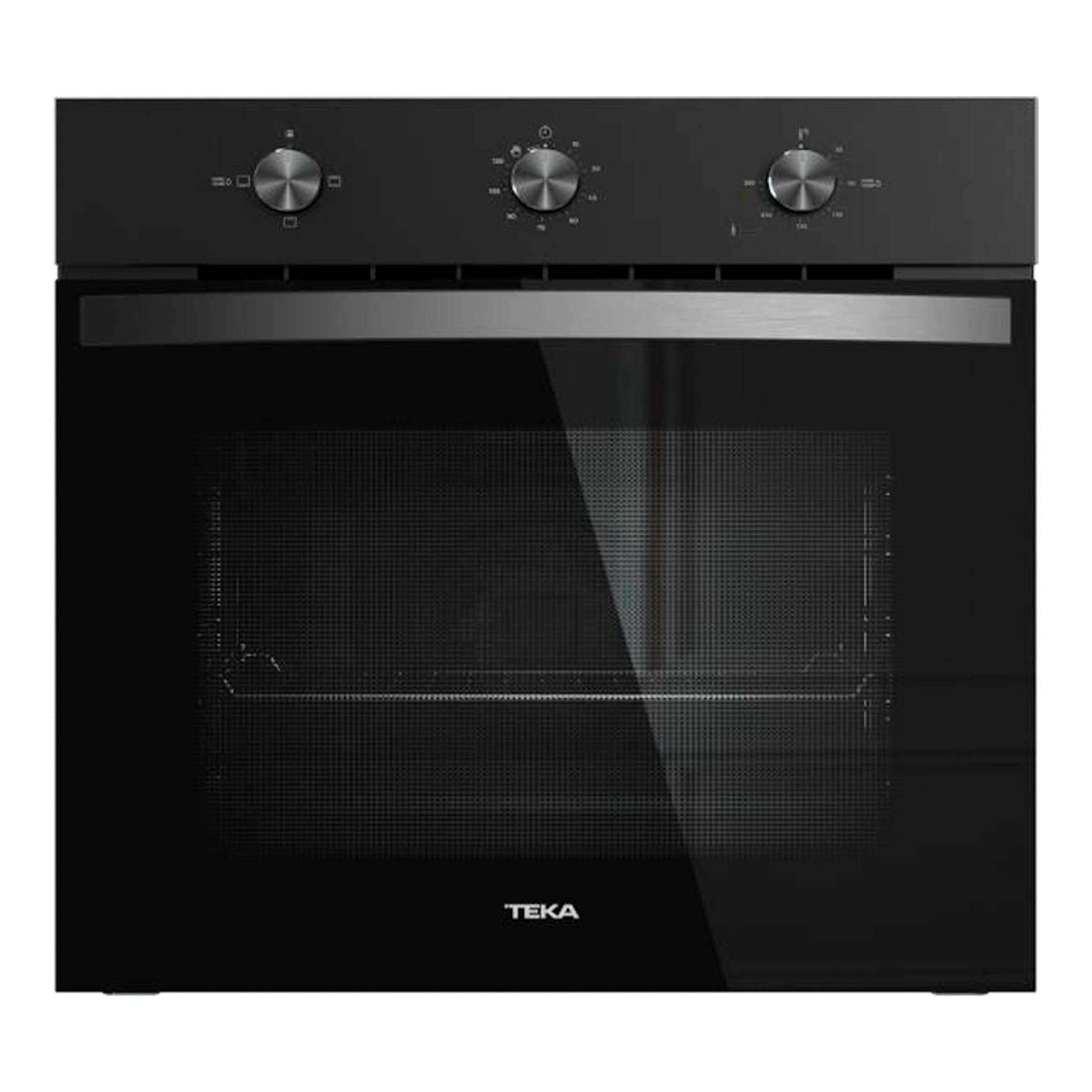 Horno empotrable Teka HBB5350 negro, vista frontal, con puerta de vidrio y tres mandos superiores.