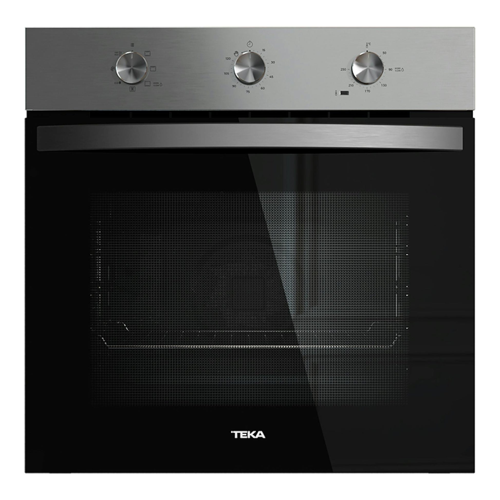 Horno Teka HBB6050 Inox, vista frontal, panel superior de acero inoxidable y puerta de vidrio negro.